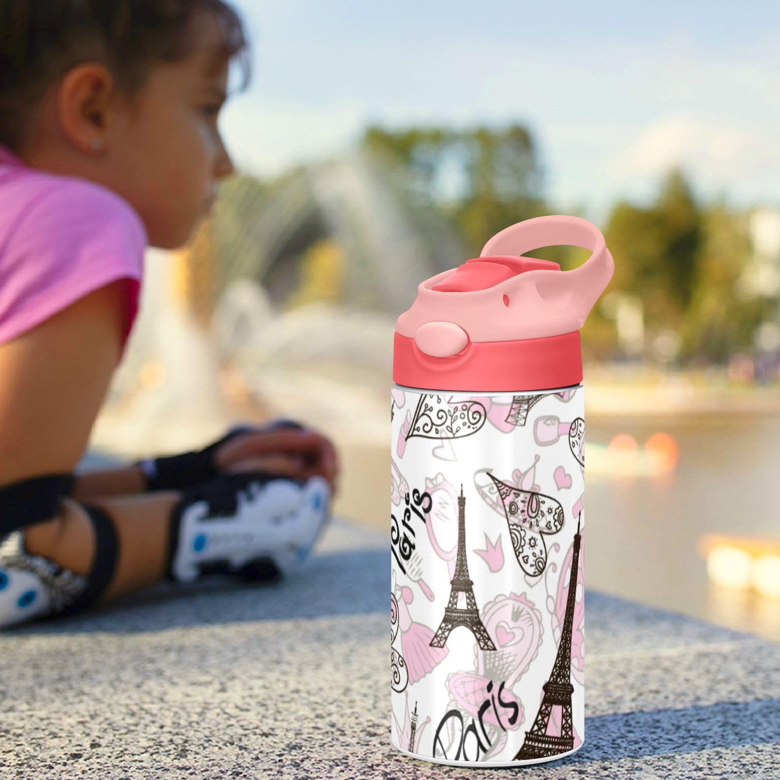 Paris Eiffel Tower Kids Water Bottle - 12oz Insulated Stainless Steel Thermos with Straw Lid, BPA-Free & Leakproof for Boys & Girls - Perfect for School, Travel & Outdoor Activities
