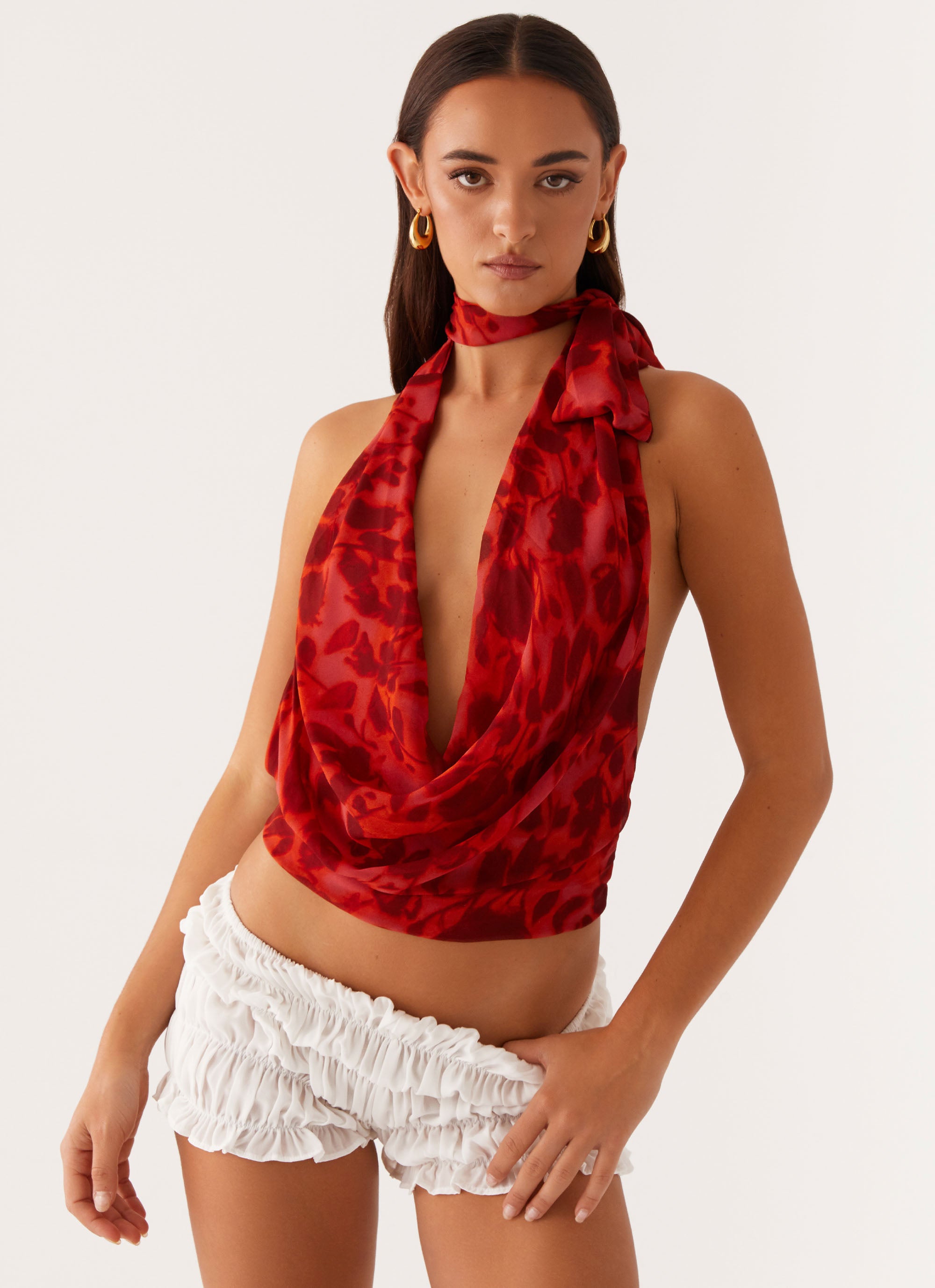 Best Self Top - Deep Red Floral Print Women's Blouse for Casual Wear & Date Night Outfits