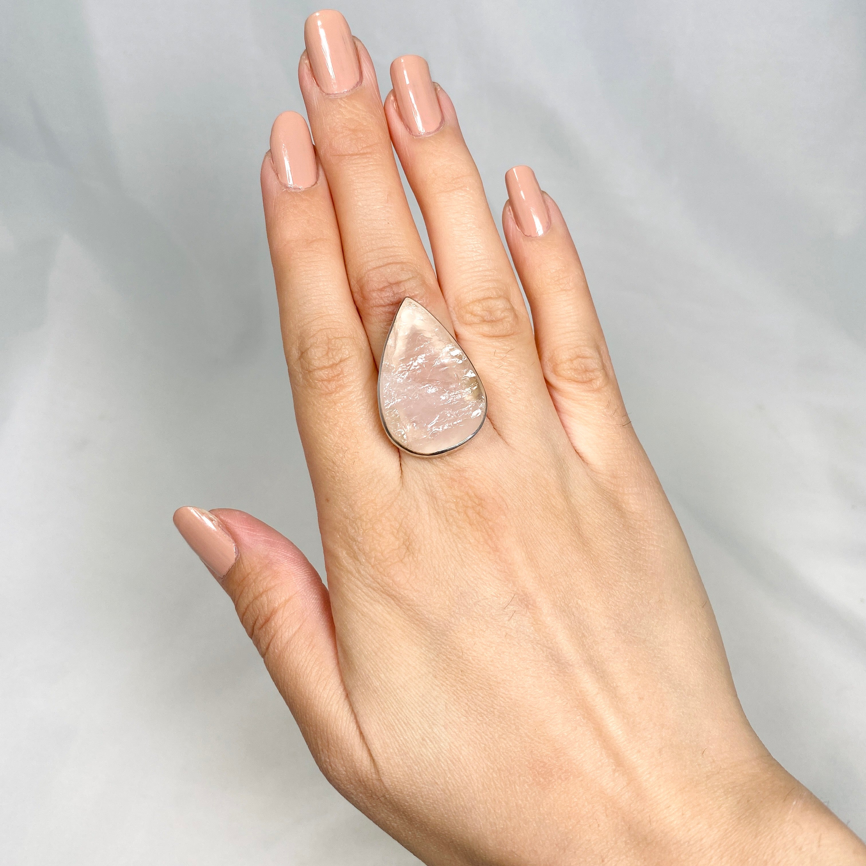 Rose Quartz Raw Teardrop Ring with Hammered Band - Size 9 (KRGJ1301) | Handmade Boho Jewelry for Women, Healing Crystal Gift for Meditation & Spiritual Wellness