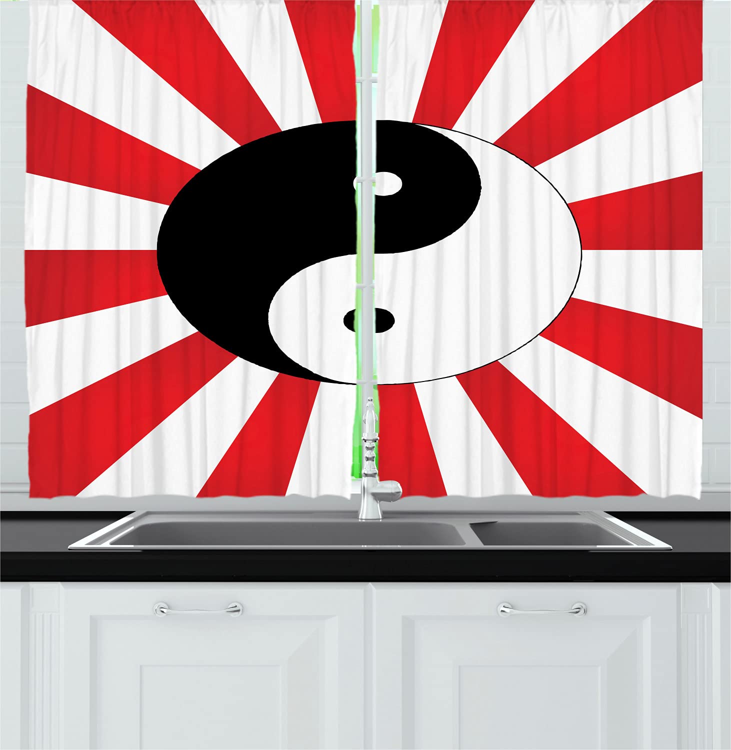 Ambesonne Yin Yang Dragon Kitchen Curtains - Traditional Chinese Themed Yin Yang & Rising Sun Burst Print, 2 Panel Drapes with Rod Pocket, 55