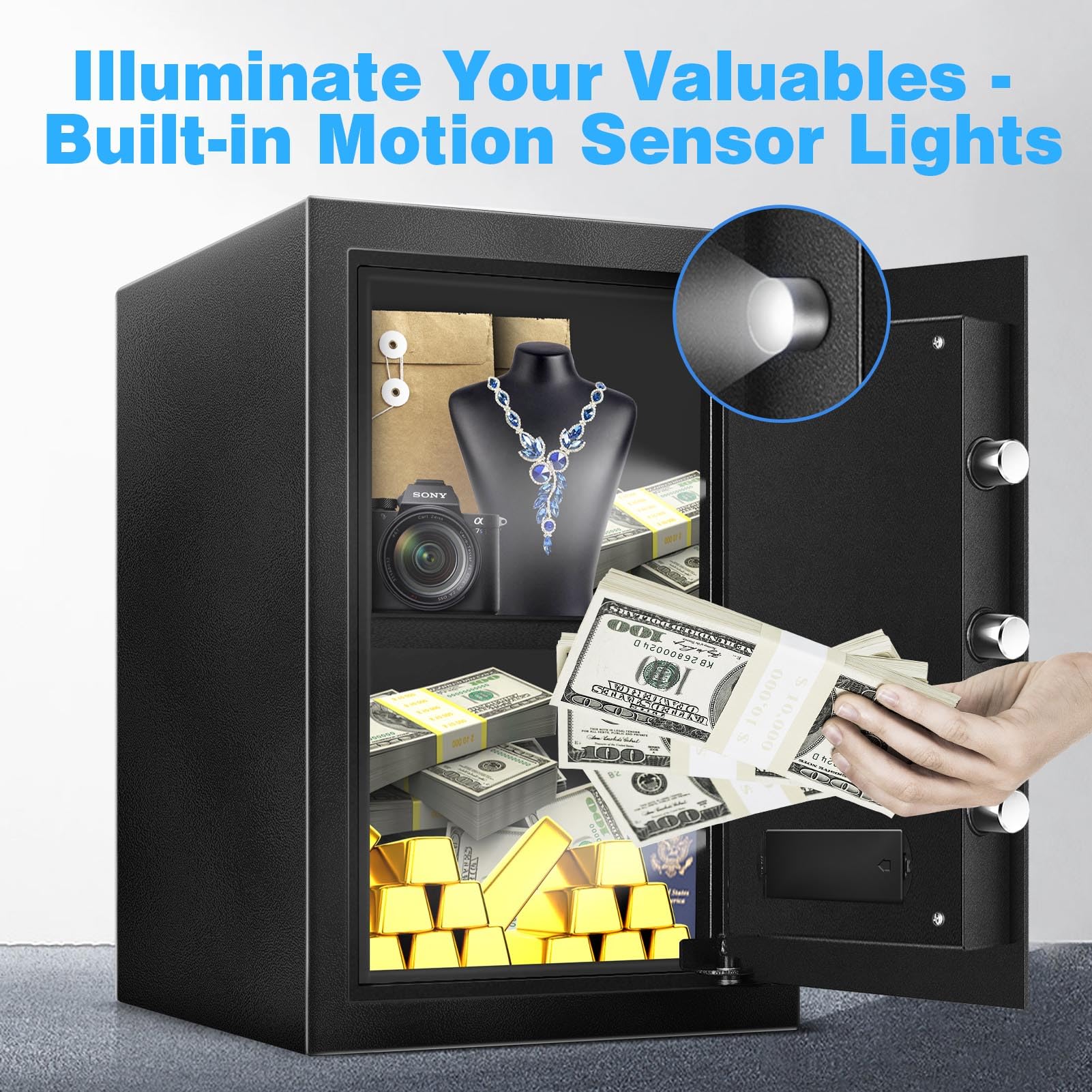 2.5 Cu Ft Steel Electronic Digital Safe Box with LED Sensor Light & External Power - Home & Office Security for Documents, Money, Jewelry & Valuables - Ideal for Bedroom, Closet & Business Use