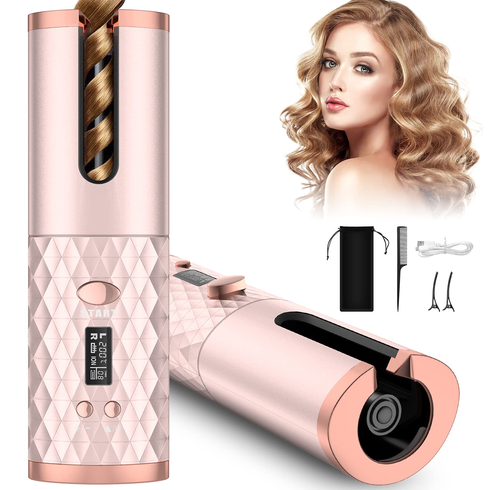 Automatic Cordless Curling Iron with 6 Temperature Settings & Timer - Fast Heating Rechargeable Ceramic Hair Curler Wand for Salon-Quality Styling at Home, Travel & Everyday Use