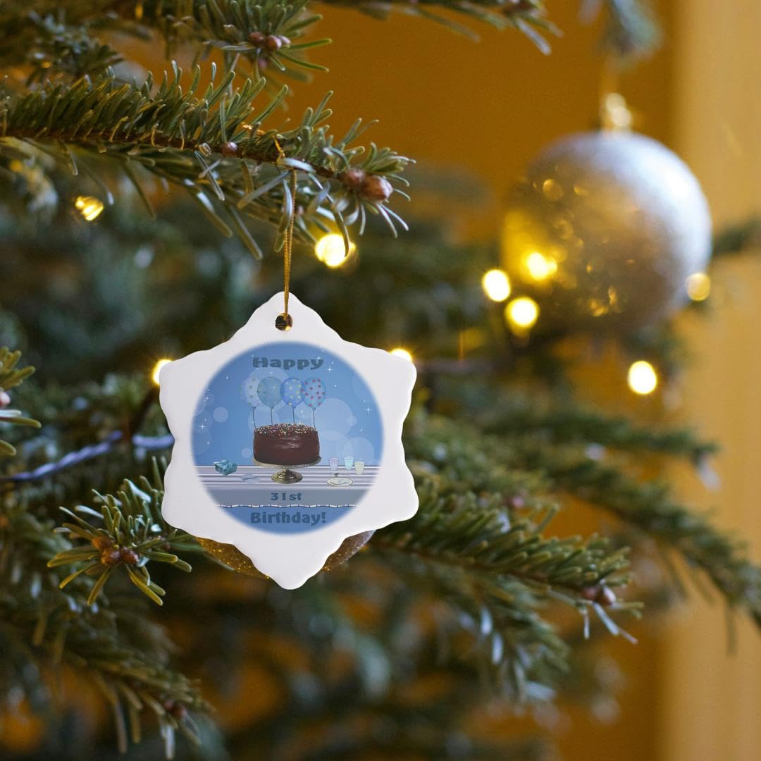 3D Rose 31st Birthday Party Porcelain Ornament - 3-Inch Snowflake Design with Chocolate Cake & Blue Balloons | Perfect for Christmas Tree Decorations, Gift Giving & Birthday Celebrations