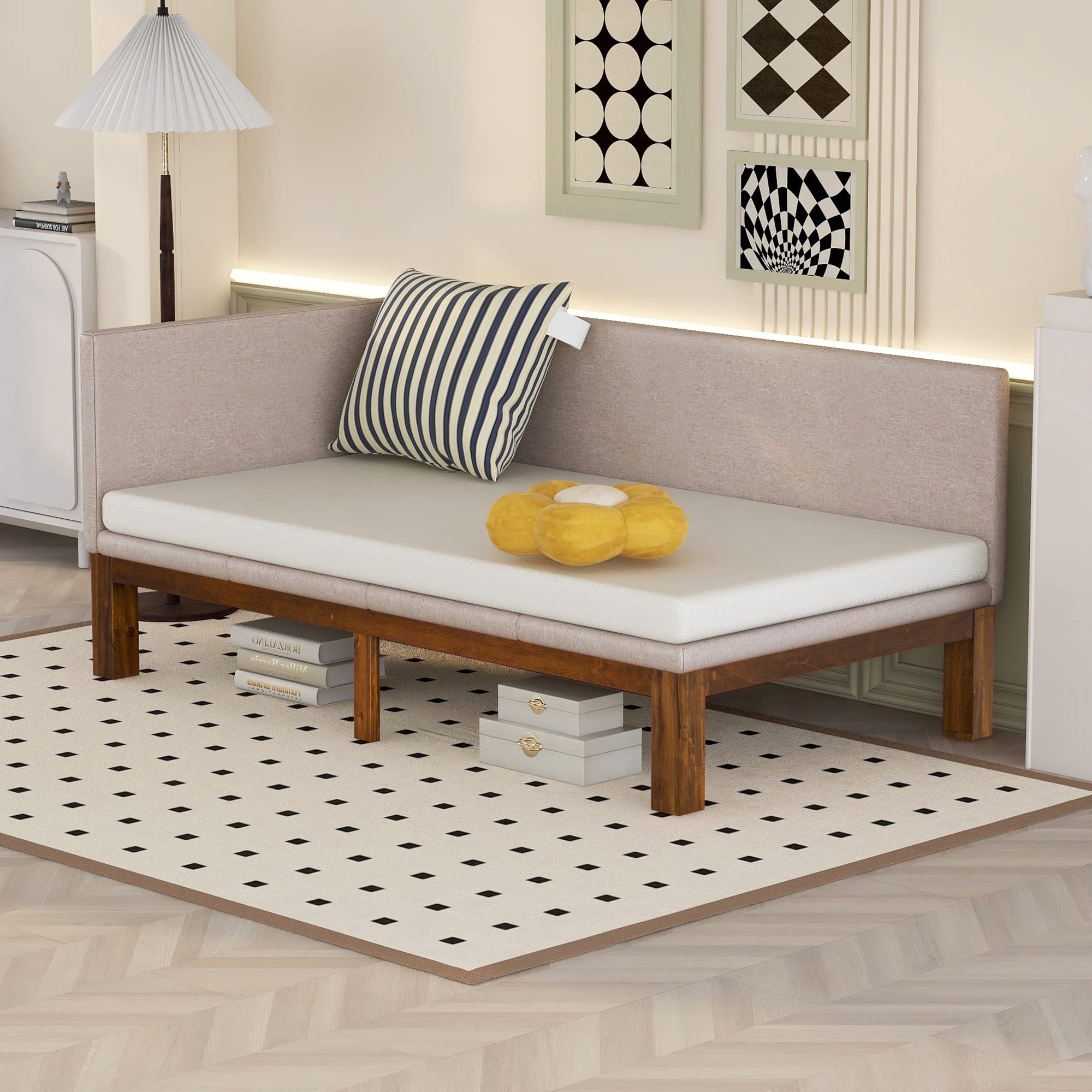 P PURLOVE Twin Daybed with Linen Cover - Upholstered Sofa Bed Frame with Slat Support, No Box Spring Needed, Beige - Perfect for Guest Room, Small Space & Living Room Furniture