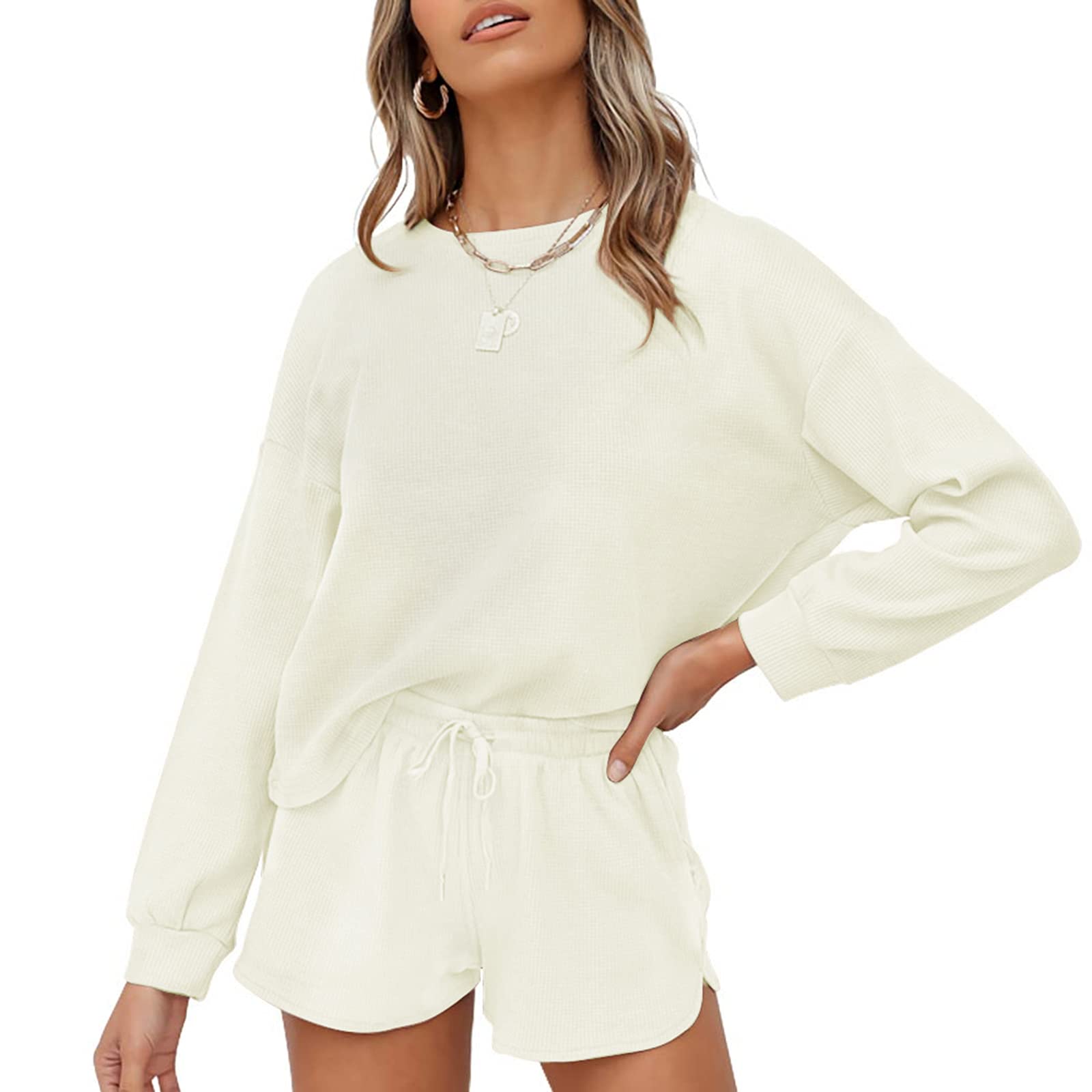 ZESICA Women's Waffle Knit Long Sleeve Top and Shorts Pajama Set - Cozy Lounge Sleepwear with Pockets for Home, Travel & Relaxation