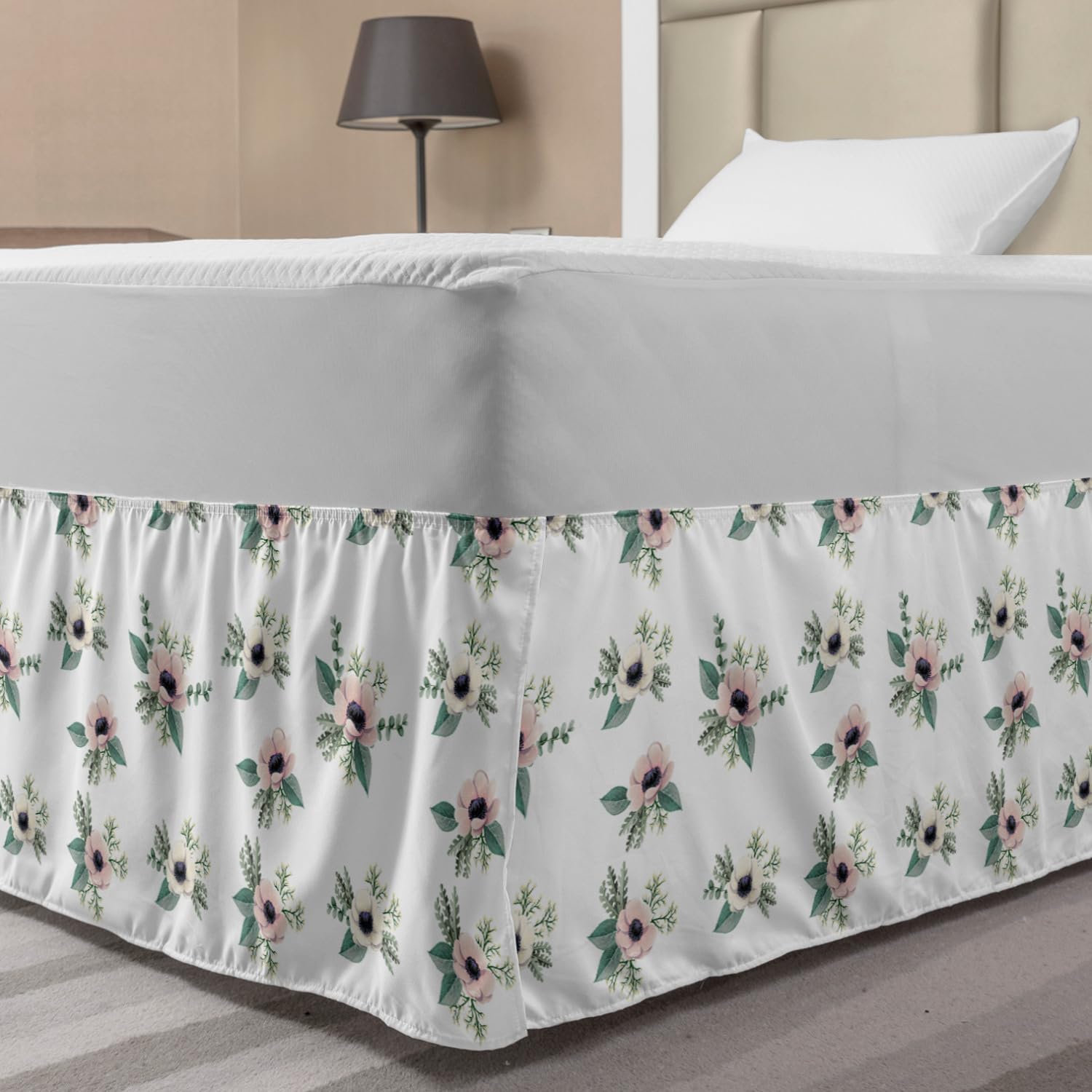 Ambesonne Floral Elastic Bed Skirt - Anemone Flowers with Leaves Design, Wrap Around Fabric Bedskirt Dust Ruffle for Twin/Twin XL Beds, White Multicolor - Perfect for Bedroom Decor & Home Styling