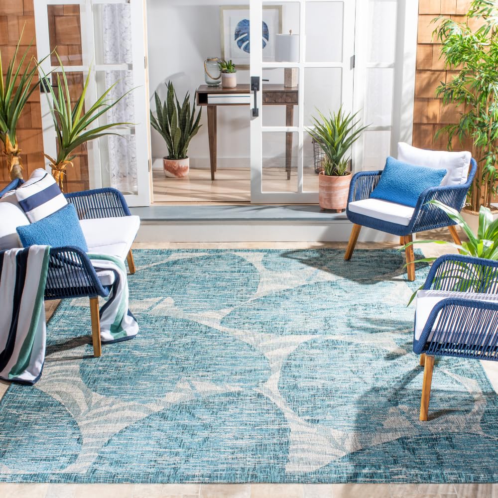 SAFAVIEH Courtyard Collection 8' x 10' Grey Aqua Indoor Outdoor Waterproof Rug - Easy to Clean, Stain Resistant for Patio, Backyard, Mudroom, Deck & Poolside Use