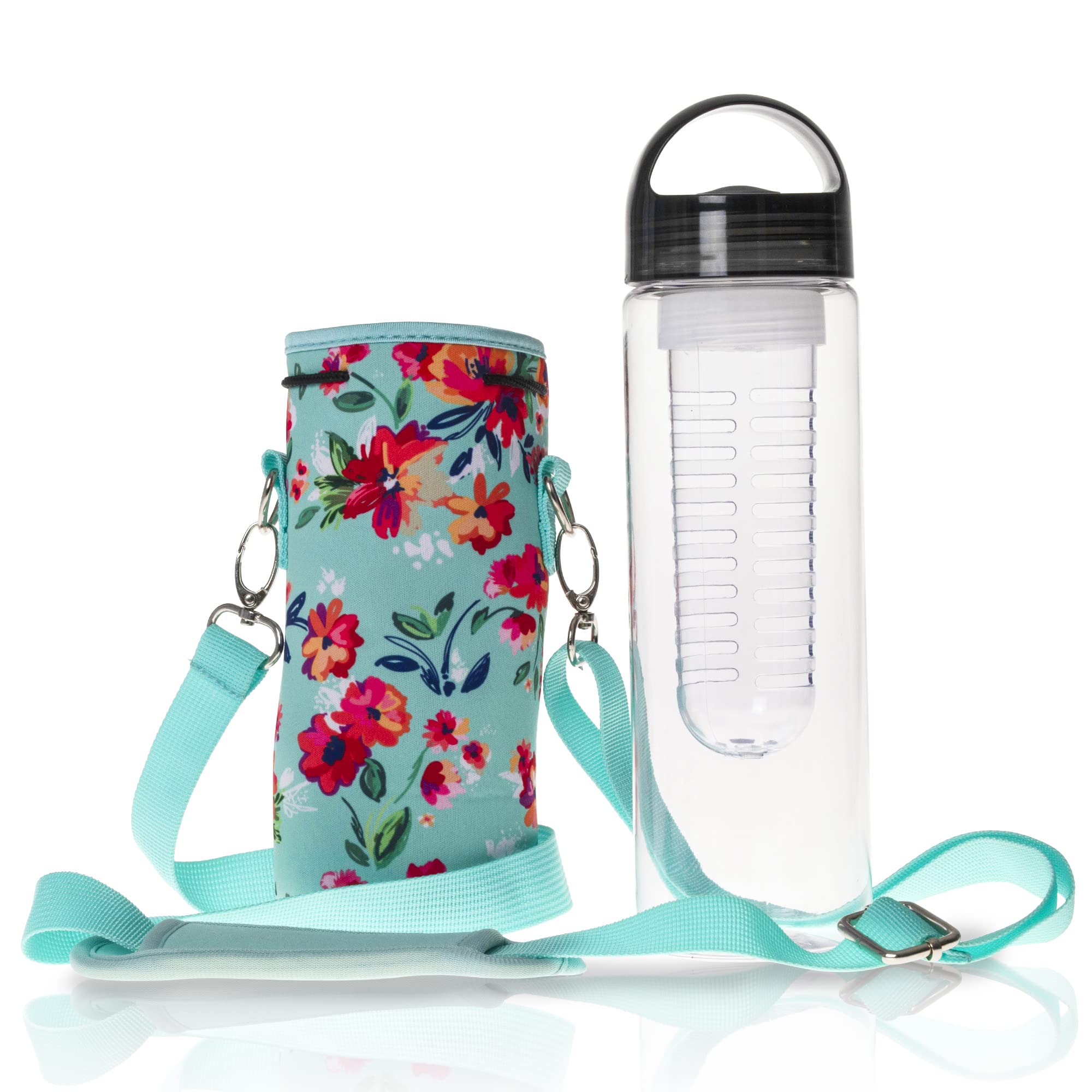 Easy Carry Infuser Water Bottle Kit - 20oz Leak-Proof Stainless Steel Teal Floral Design - Perfect for Gym, Hiking, Yoga & Outdoor Activities