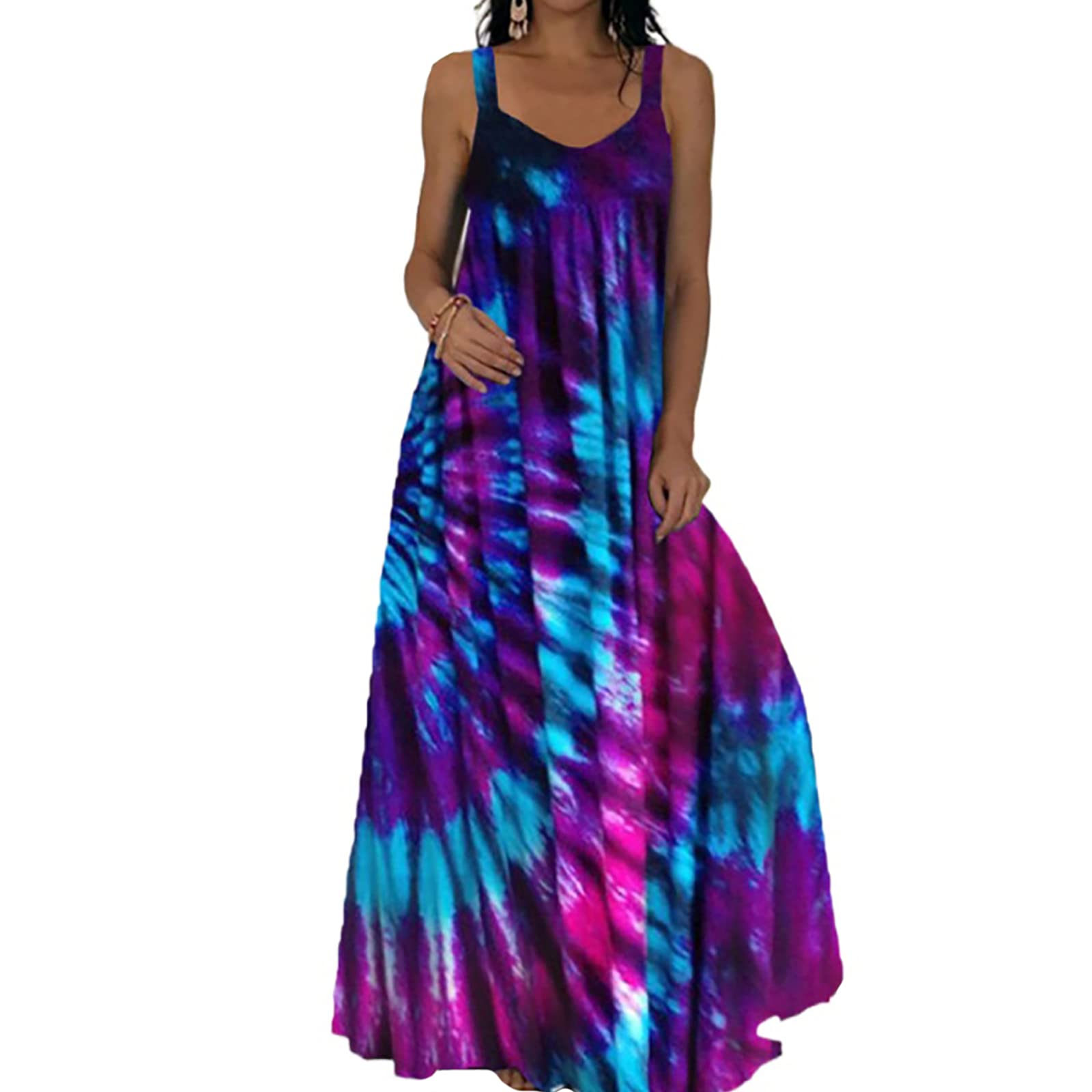 Boho Long Dress for Women - Retro Summer Printed Spaghetti Strap Maxi Dress with Casual Tie Dye | Perfect for Beach Vacations, Music Festivals & Boho-Chic Outfits