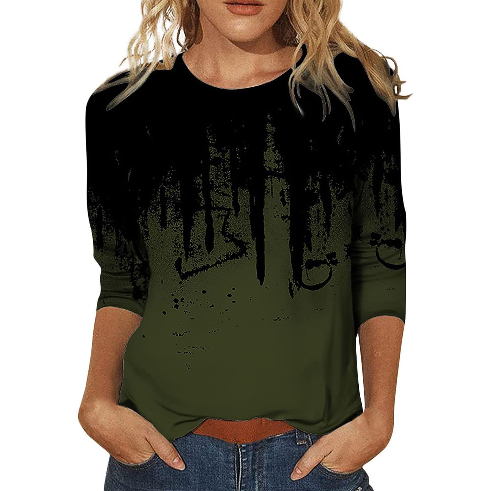 Women's Loose Collar Summer Print O-Neck Tops - 3/4 Sleeve Sun Protection Shirts in Army Green | Casual Daily Wear, Beach Cover-Up, Outdoor Activities