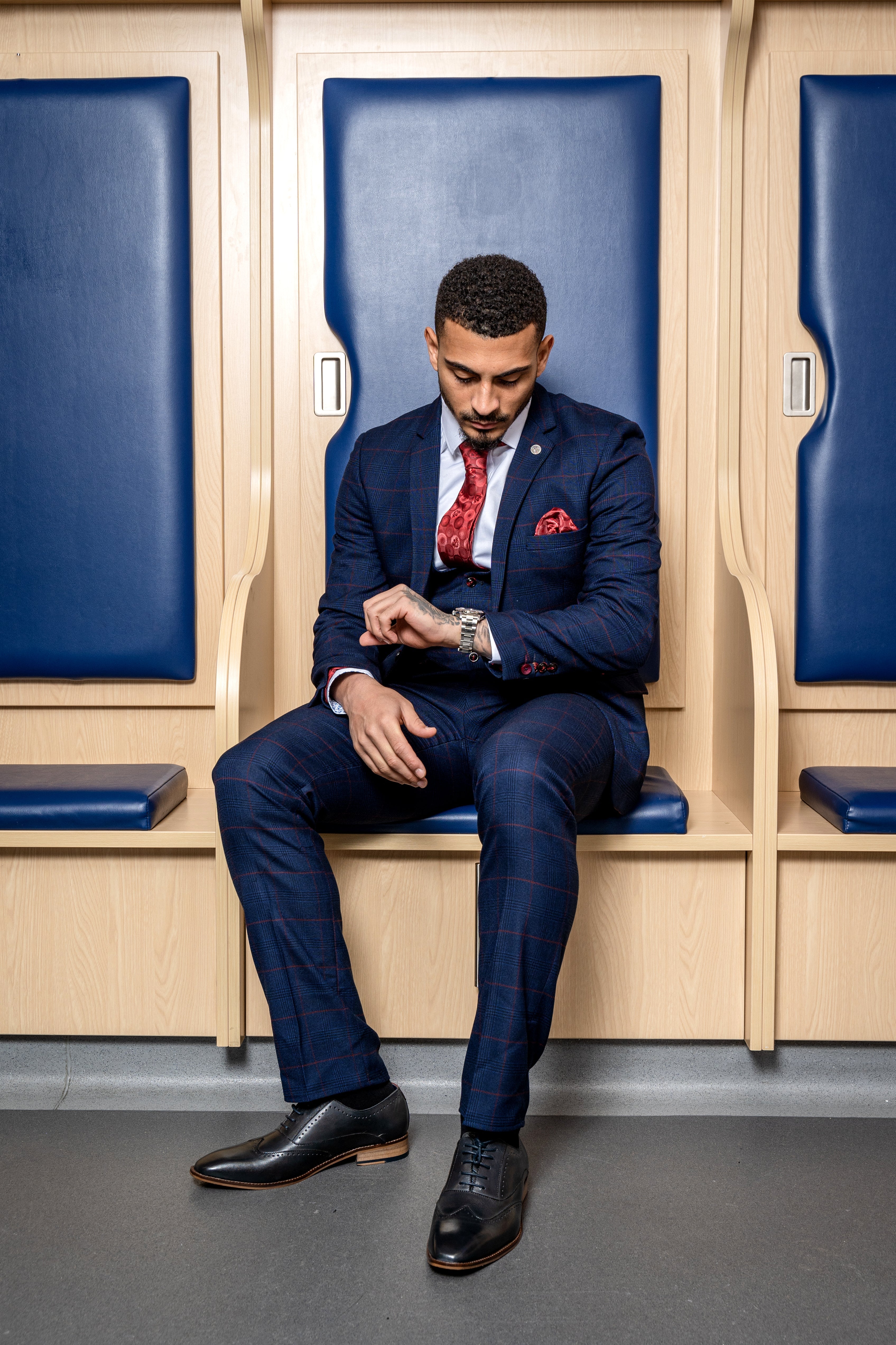Edinson Navy Wine Check Suit for Men - Premium Wool Blend Business Suit - Formal Office Attire - Inspired by Karlan Grant - Perfect for Weddings, Business Meetings & Special Occasions
