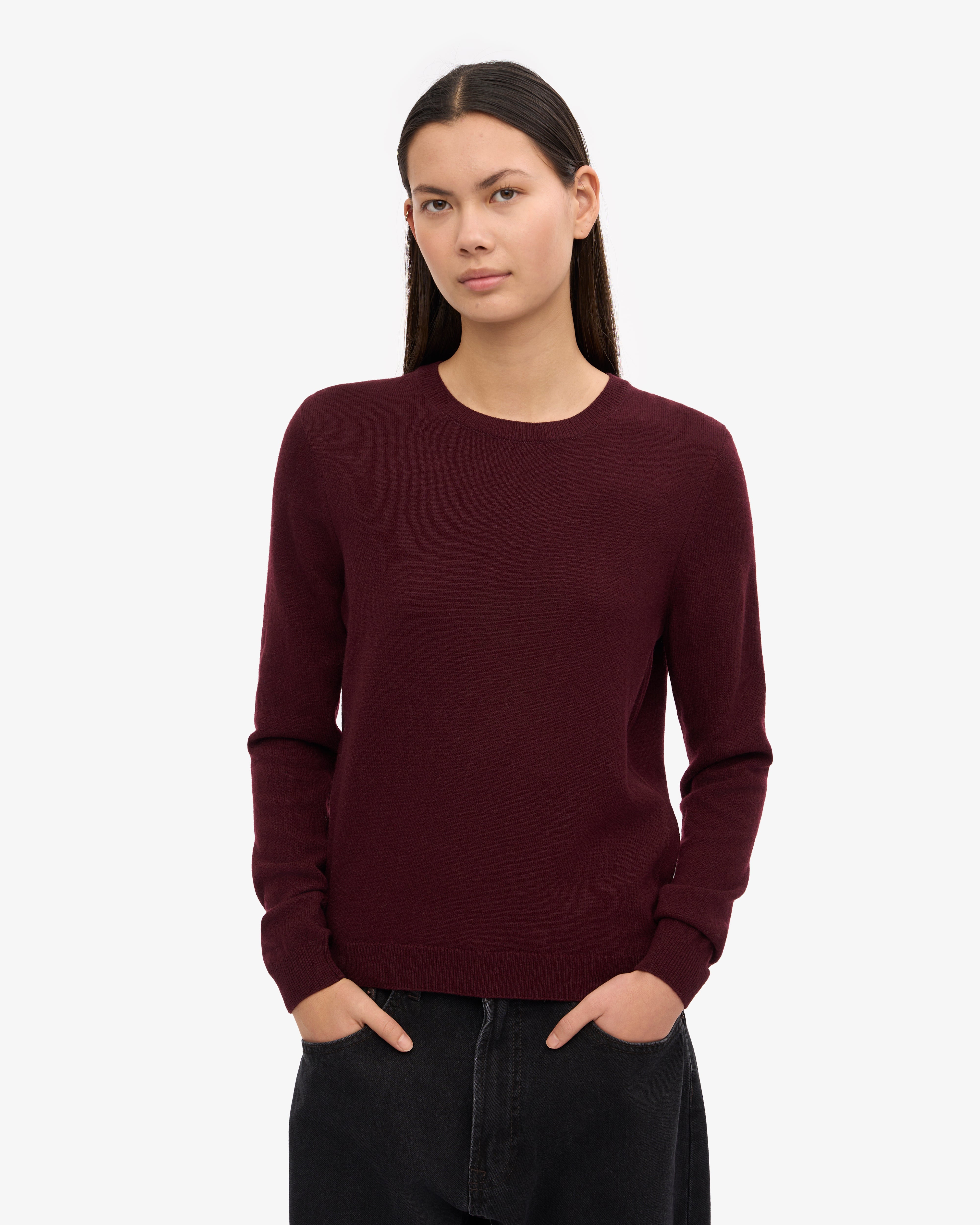 Women's Lightweight Merino Wool Crew Neck Sweater in Oxblood Red - Perfect for Fall Layering & Winter Warmth