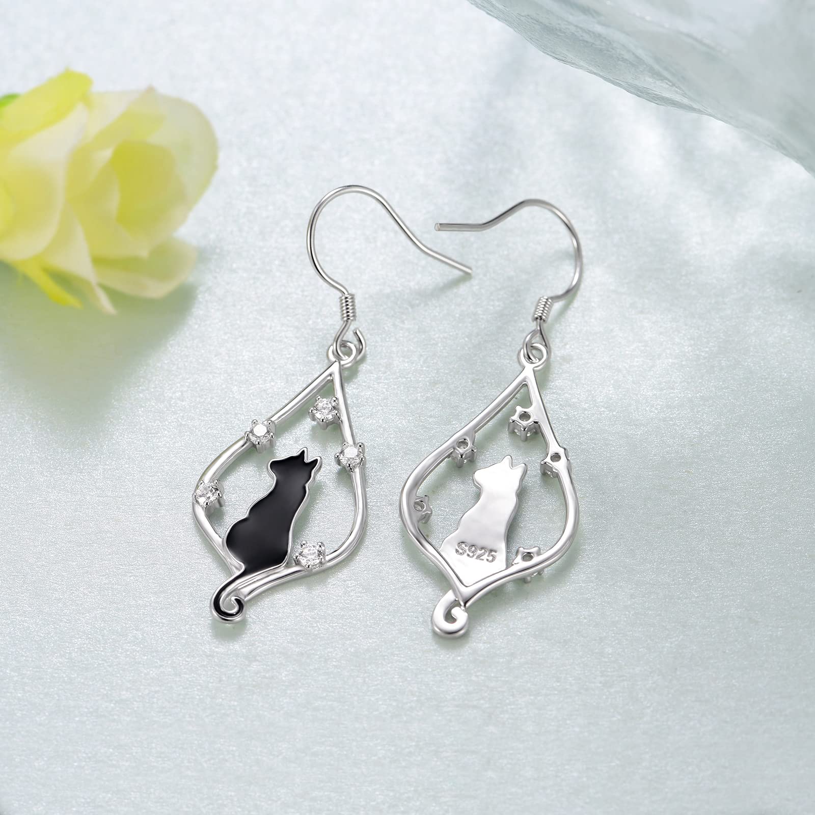 925 Sterling Silver Black Cat Dangle Earrings - Cute Cat Lover Jewelry Gift for Women | Perfect for Halloween, Birthday & Everyday Wear