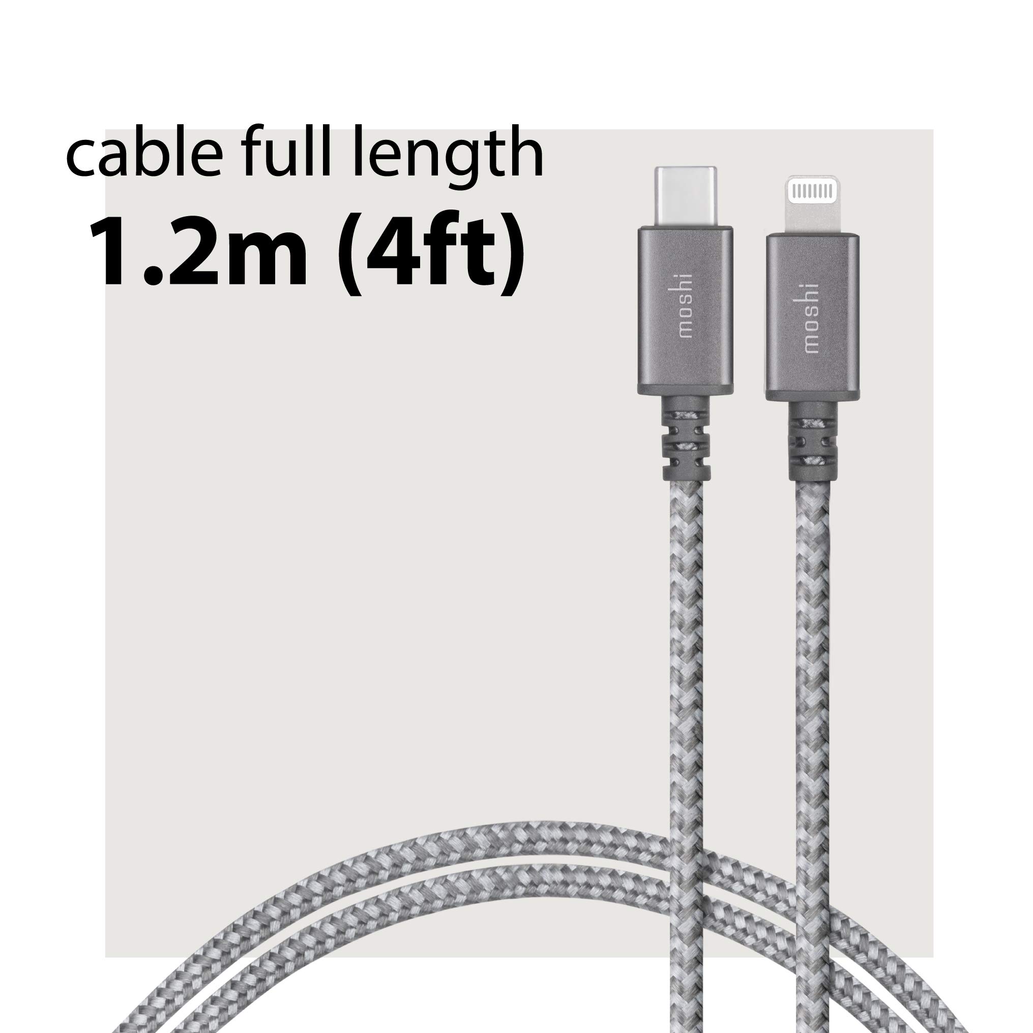 Moshi Integra USB C to Lightning Cable 4ft/1.2m - MFi Certified Fast Charging Cable with 30W Power Delivery, Durable Ballistic Nylon Braided for iPhone 14/13/12/11/Pro/Max, iPad & AirPods - Perfect for Home, Office & Travel Charging (Titanium Gray)