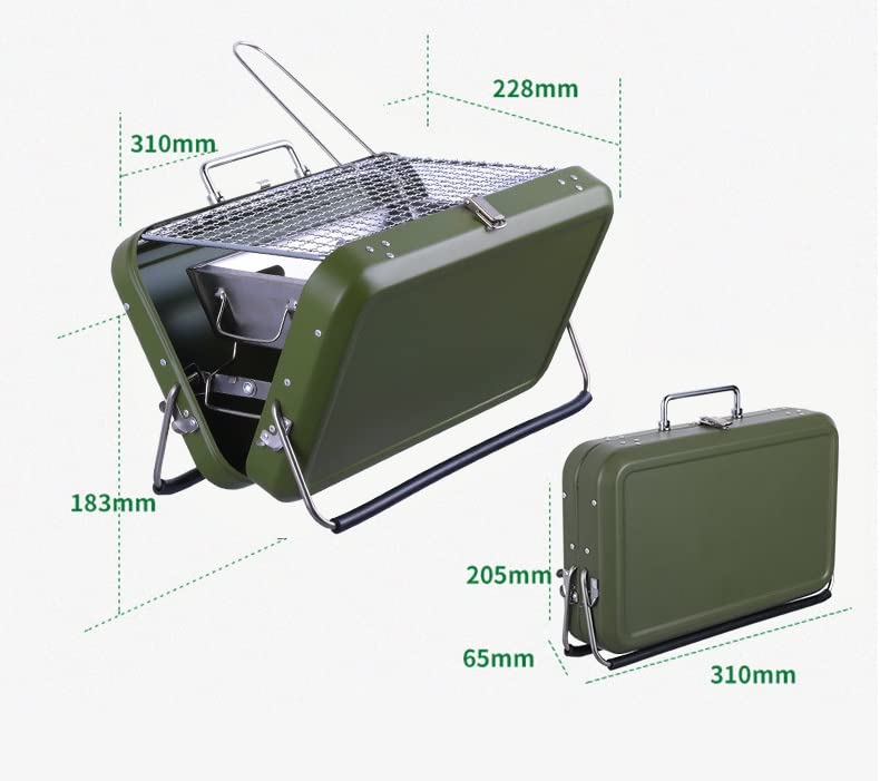 Portable Charcoal BBQ Grill - Small Cast Iron Outdoor Grill with Stainless Steel & Convenient Handle - Perfect for Camping, Picnics, Backyard Cookouts (Green)