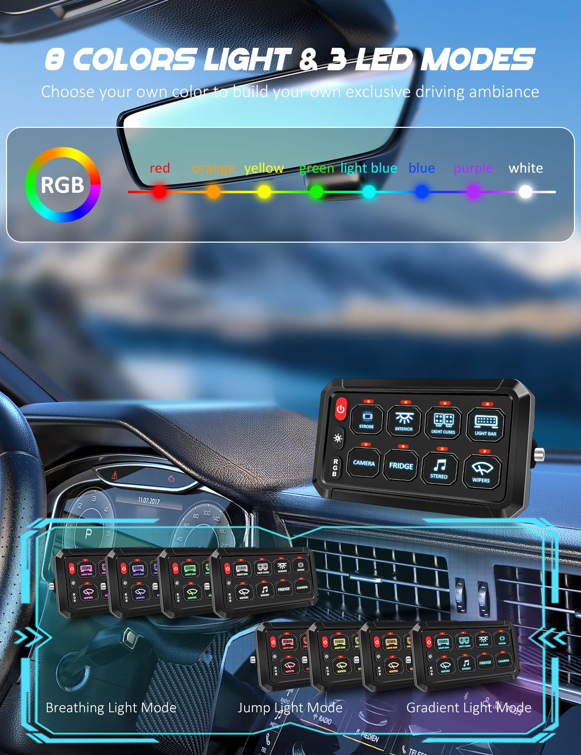 12V 8 Gang RGB LED Touch Control Switch Panel with Momentary, Dimmable & Strobe Function - Waterproof for Trucks, Jeep, Boat, Marine, SUV, Caravan, UTV, Pickup - Perfect for Off-Road Adventures & Marine Applications