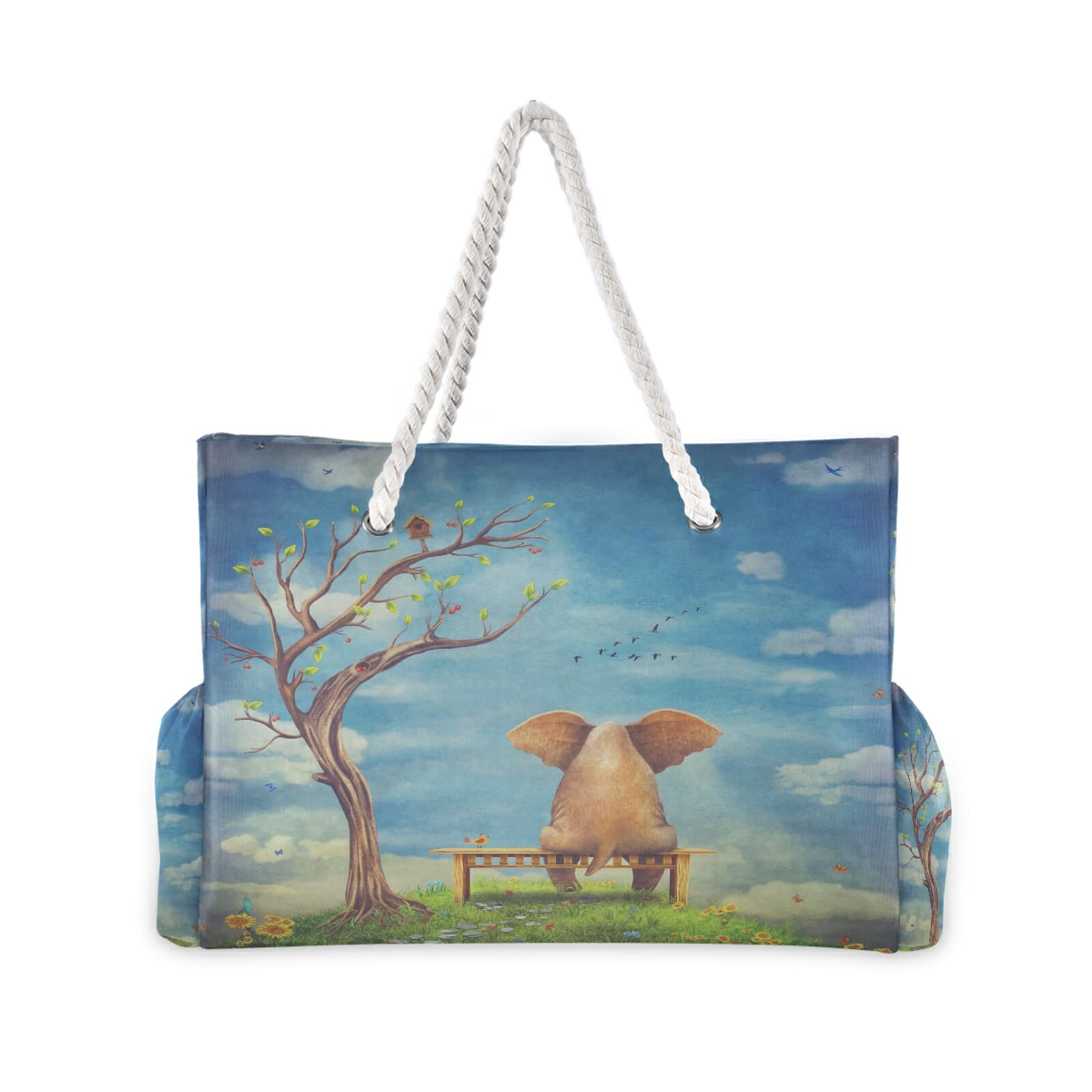 ALAZA Sad Elephant Tree Bird Tote Bag - Large Beach Bag with Rope Handles for Shopping, Groceries, Travel & Outdoor Activities | Perfect for Picnics, Farmers Markets & Beach Days