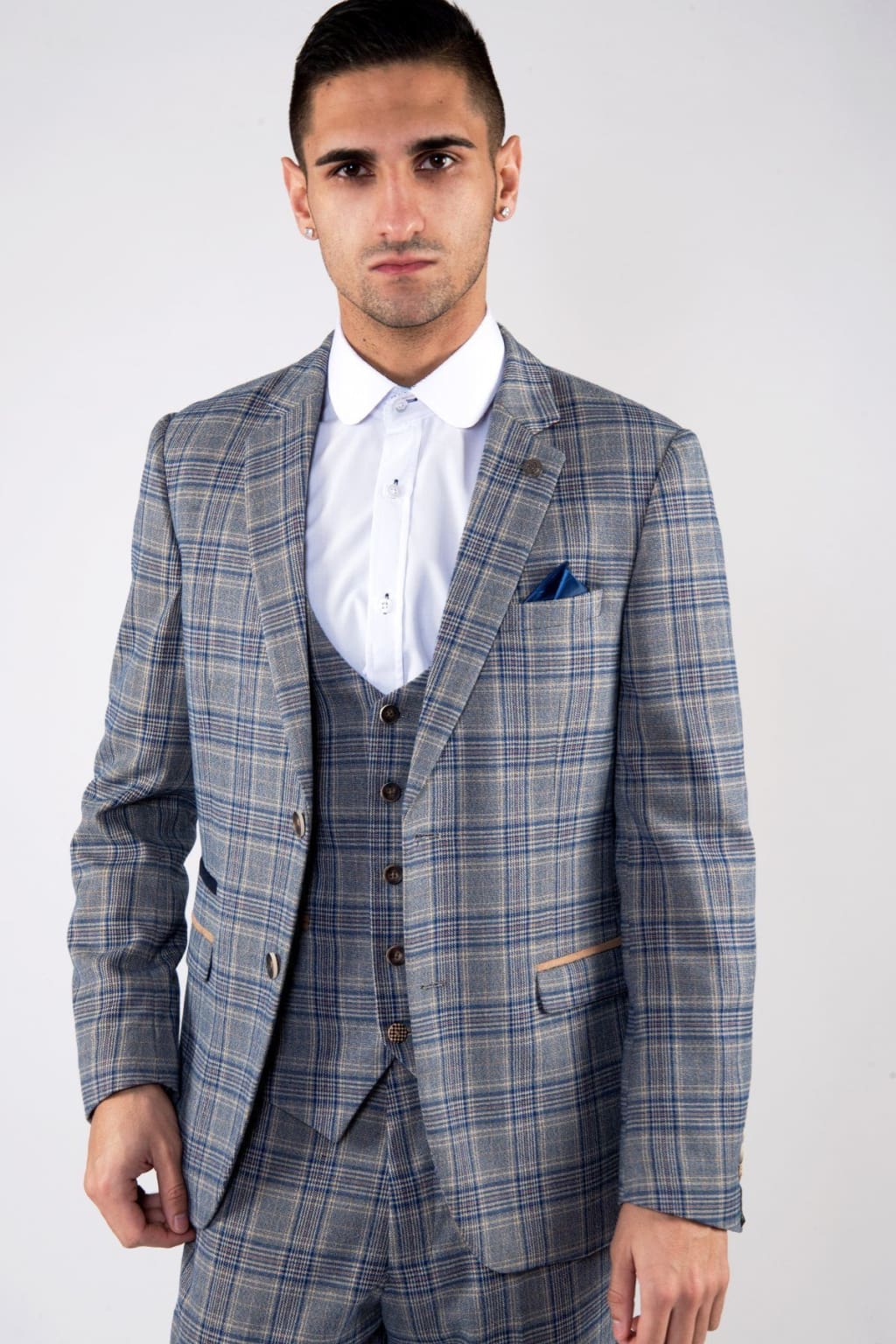 Marc Darcy Enzo Blue Stone Tweed Check Blazer for Men - Stylish Slim Fit Formal Jacket - Perfect for Business Meetings, Weddings & Office Wear
