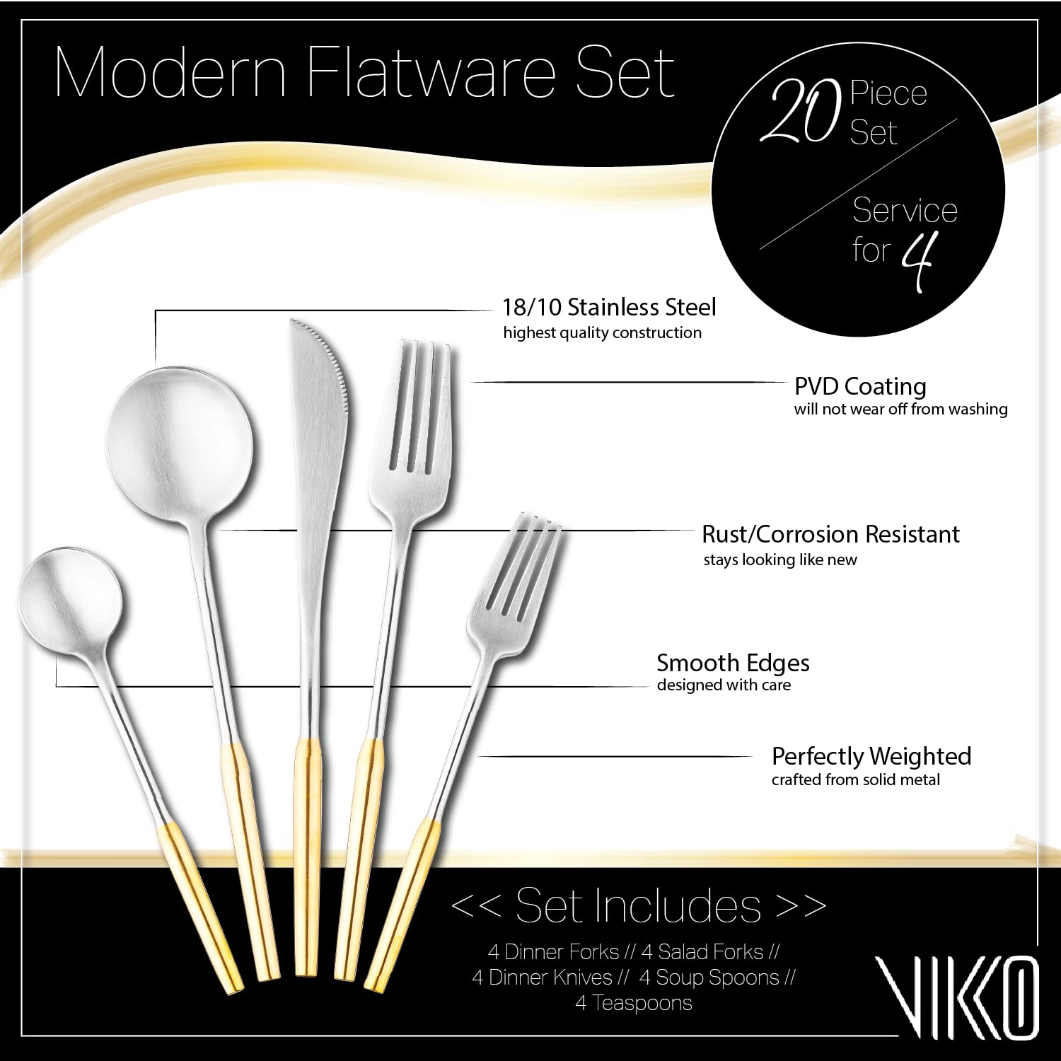 Vikko Modern Two-Tone Silverware Set - Brushed Gold & Silver 18/10 Stainless Steel Flatware - 20 Piece Cutlery Set for 4 - Elegant Dining Utensils for Wedding, Anniversary & Formal Dinner Parties
