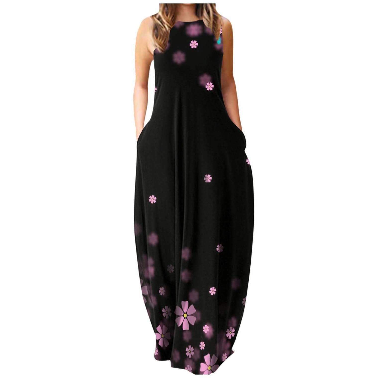 UOCUFY Women's Floral Printed Bohemian Maxi Dress - Casual Summer Spaghetti Strap Long Dress with Pockets | Perfect for Beach Vacations, Music Festivals & Date Nights