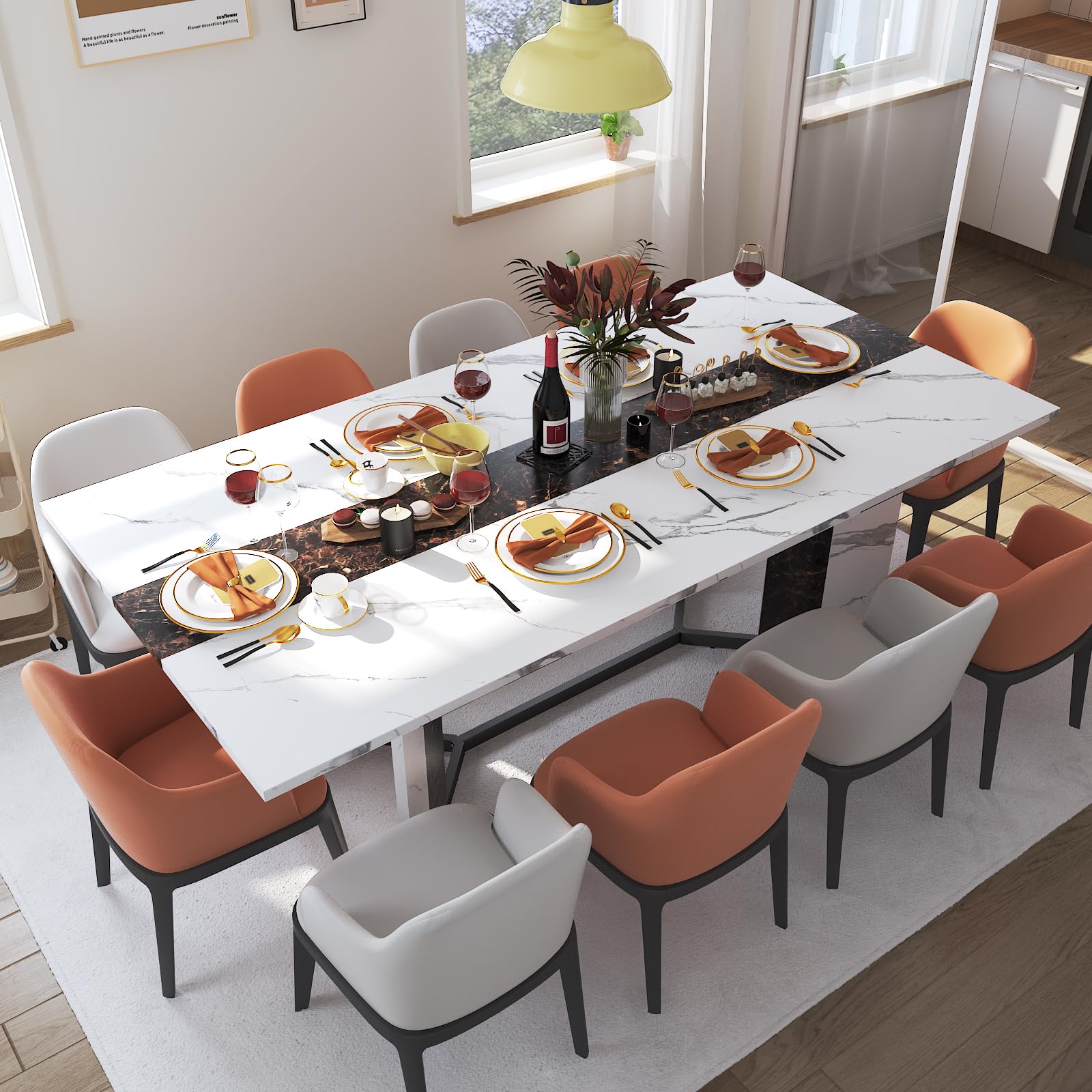 71-Inch Large Rectangular White Dining Table for 4-7 People with 35-Inch Marble-Color Waterproof Wood Tabletop & Adjustable Legs - 6ft Luxurious Family Dinner Table for Home, Kitchen, Living Room - Perfect for Family Gatherings, Dinner Parties & Daily Meals