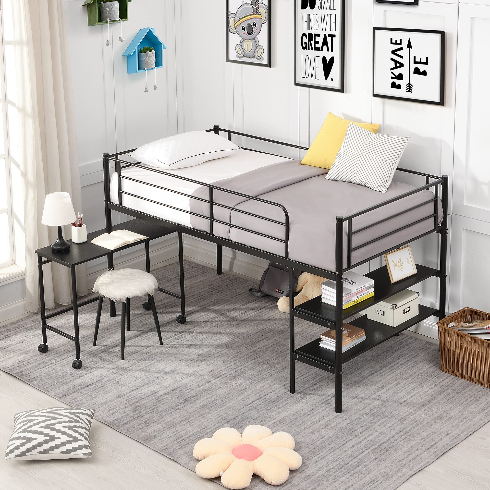 Twin Metal Low Loft Bed with Desk for Kids - Sturdy Study Bed Frame with 2 Shelves & Full-Length Safety Guardrails - No Box Spring Required (Black) | Perfect for Small Bedrooms, Dorm Rooms & Kids' Study Spaces