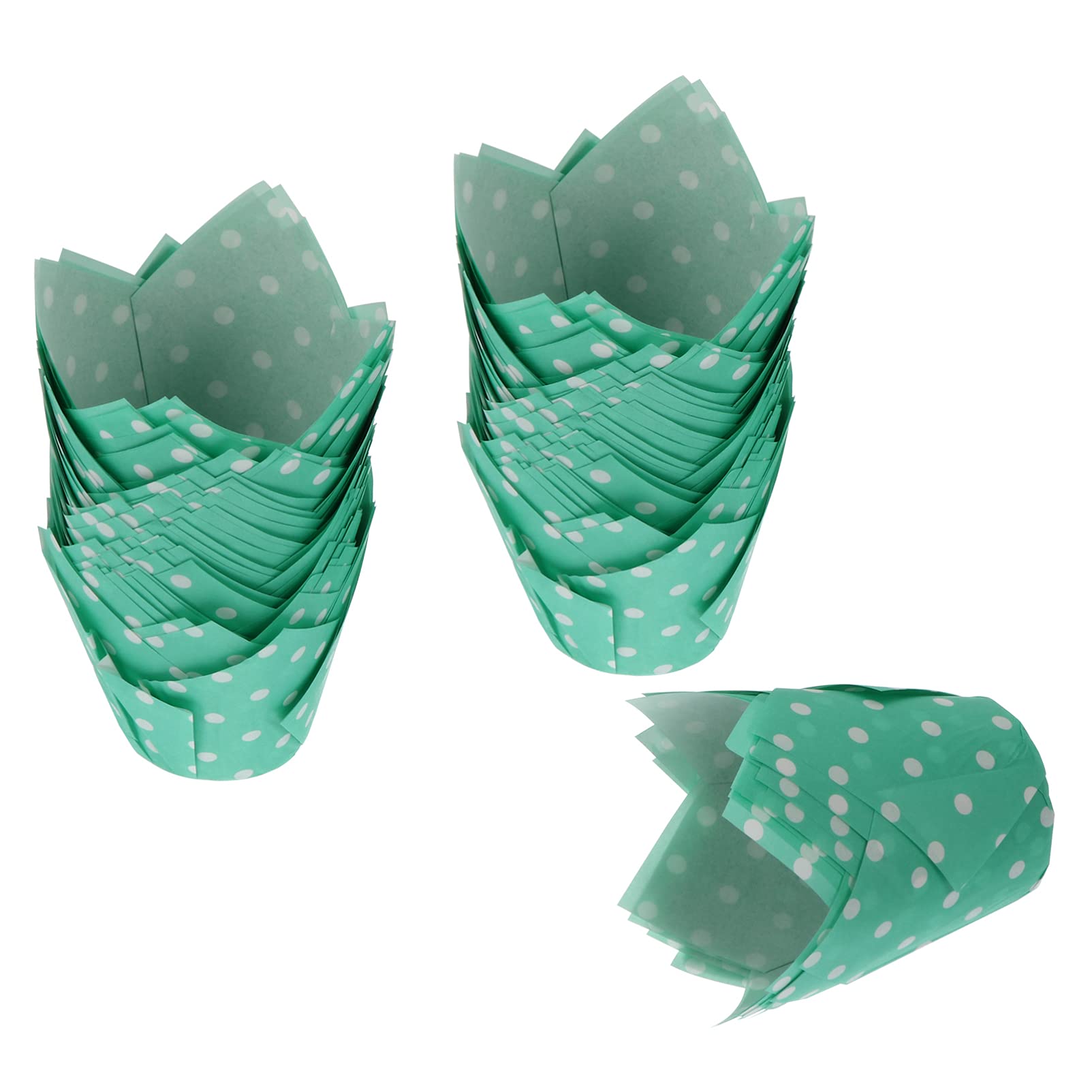 NUOBESTY 100pcs Tulip Flower Cupcake Wrappers - Greaseproof Baking Cups, Muffin Liners for Wedding, Birthday & Baby Shower - Eco-Friendly Paper Dessert Cup Holders with Green Dots Design - Perfect for Party Decorations, Baking & Dessert Displays