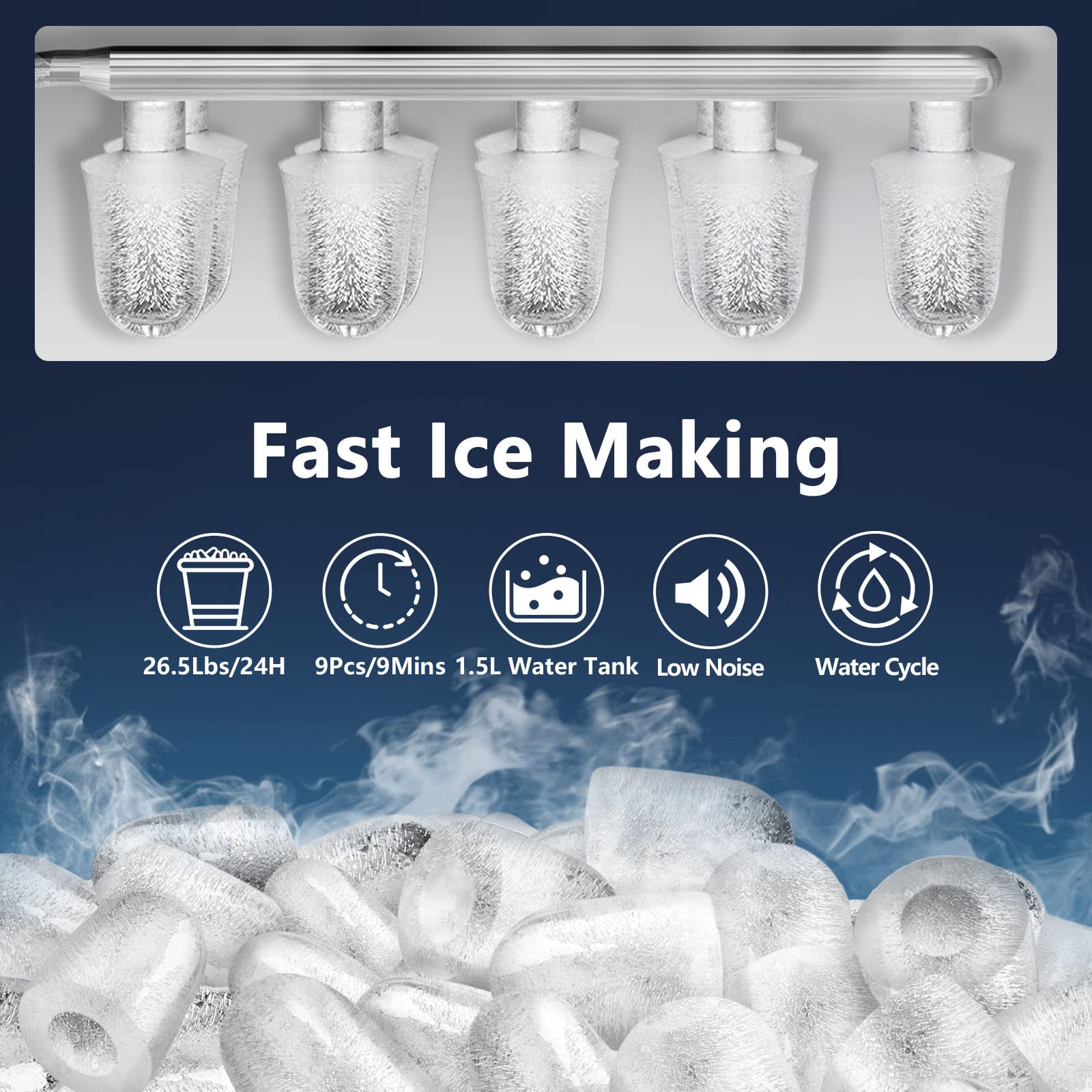 KUMIO Portable Countertop Ice Maker Machine - 9 Bullet-Shaped Ice Cubes in 6-9 Minutes, 26.5 Lbs Daily Output with Ice Scoop & Basket - Perfect for Home, Kitchen, Office, Parties & Outdoor Events - White