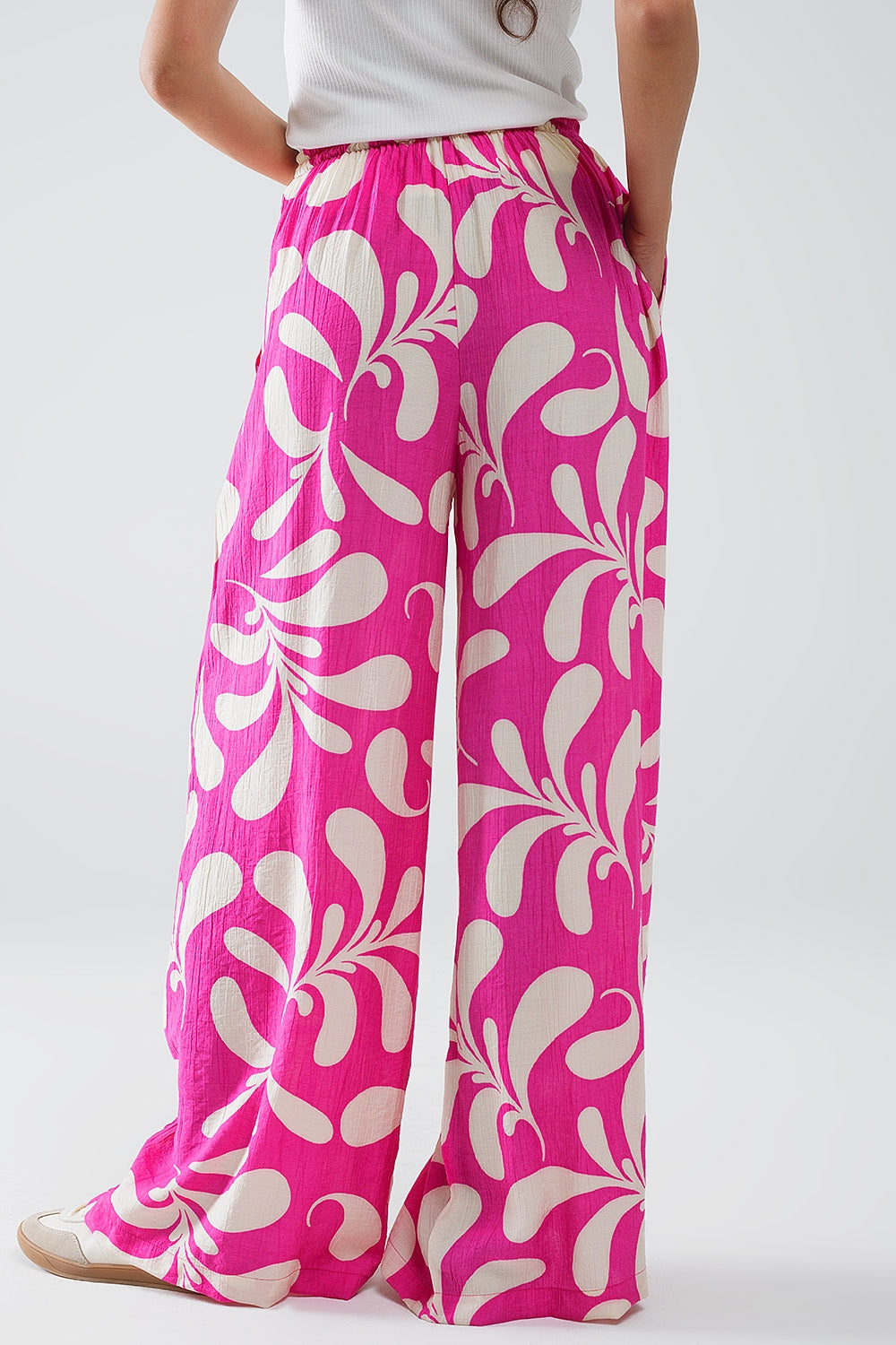 Women's Floral Print Fuchsia Elastic Waist Straight Leg Pants - Casual & Office Wear for Everyday Comfort