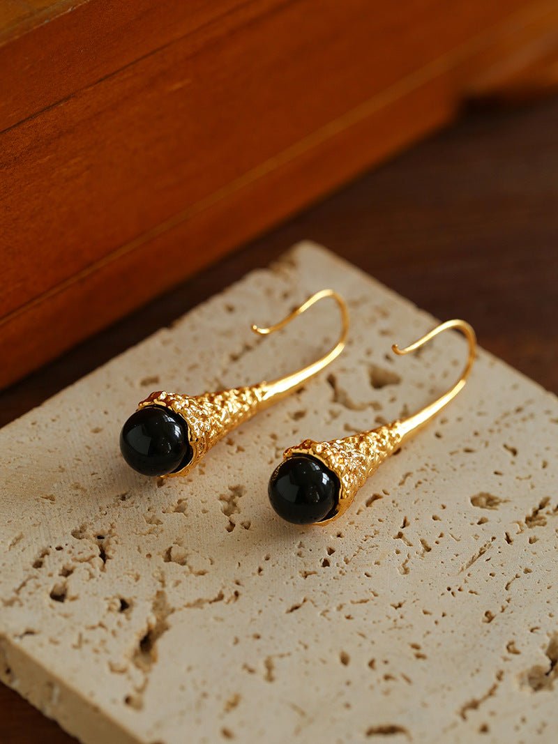 Gilded Bud Black Onyx Drop Hook Earrings - Elegant Dangle Earrings for Women, Perfect for Parties, Weddings & Evening Events