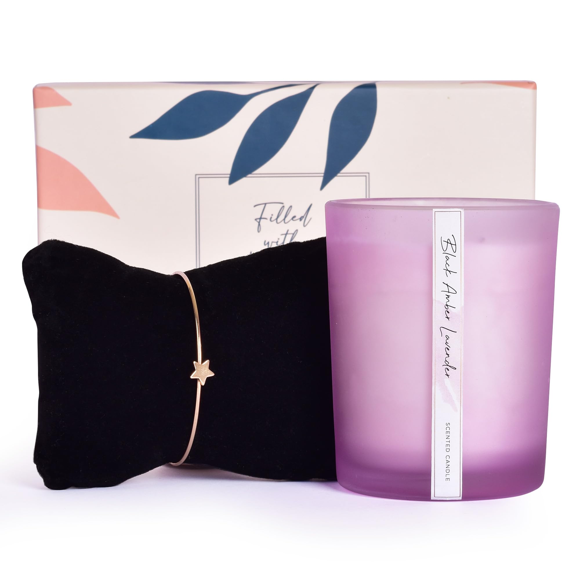 Gleevers Birthday Gift Set for Women - 2-Pack Gift Box with Black Amber Lavender Scented Candle (250g) & Star Charm Bracelet - Perfect Anniversary Gift for Wife, Mother's Day Present for Mom, Thoughtful Birthday Gift for Mother | Ideal for Romantic Occasions, Special Celebrations & Surprise Gifting