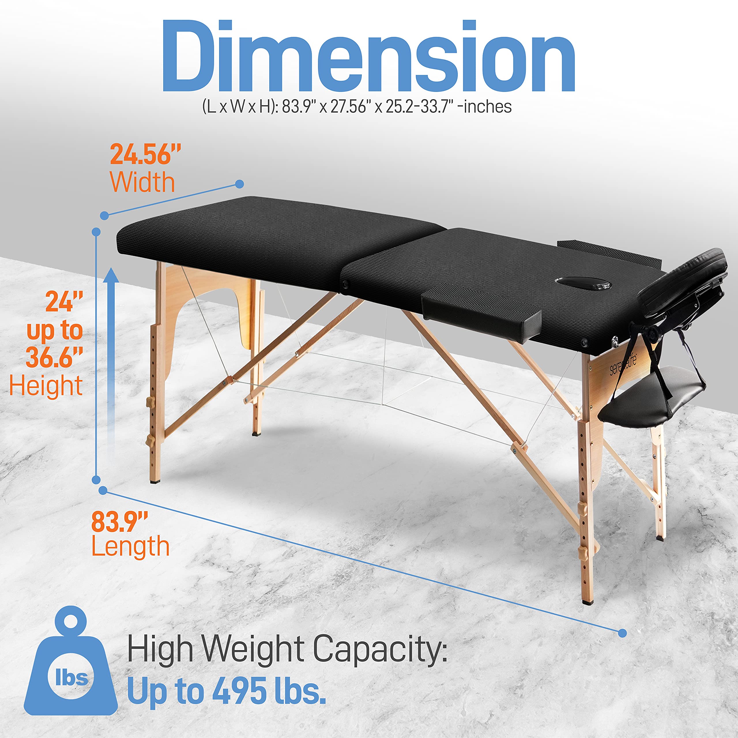 SereneLife Professional Portable Massage Table - Adjustable 3-Section Folding Therapy Bed with Carrying Case for Home Spa, Tattoo Parlor & Salon | Perfect for Massage Therapists, Estheticians & Tattoo Artists | Durable & Lightweight Black Design