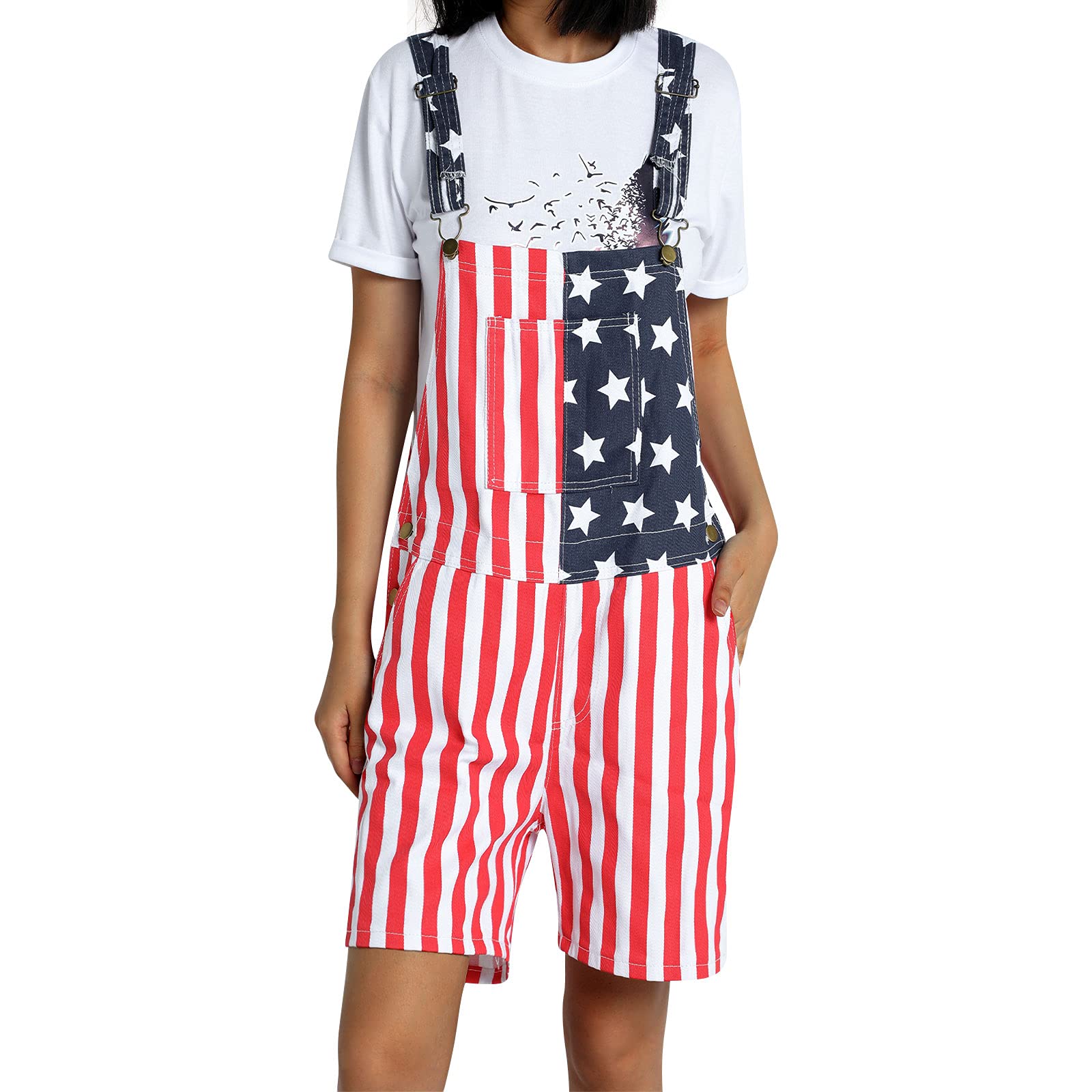 American Flag Denim Overalls - Adjustable Bib Shorts Romper for Men & Women | Casual Summer Workwear, Outdoor Festivals & Patriotic Events
