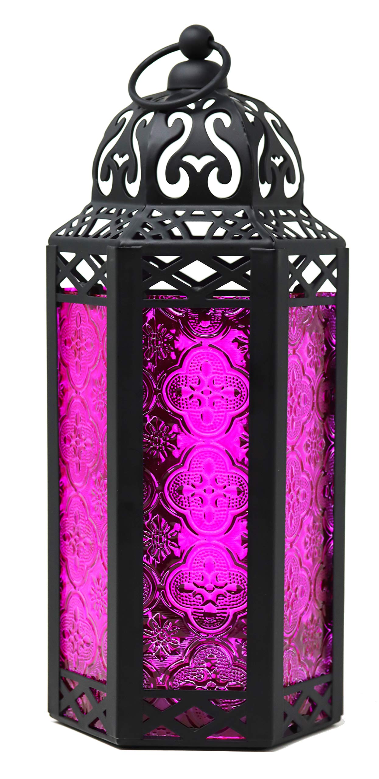 VELA Moroccan Candle Lantern - Black Metal with Pink Glass - Decorative Table or Hanging Candle Holder for Ramadan, Weddings, Home Decor - Indoor & Outdoor Use for Patio, Porch, Garden Parties & Romantic Dinners