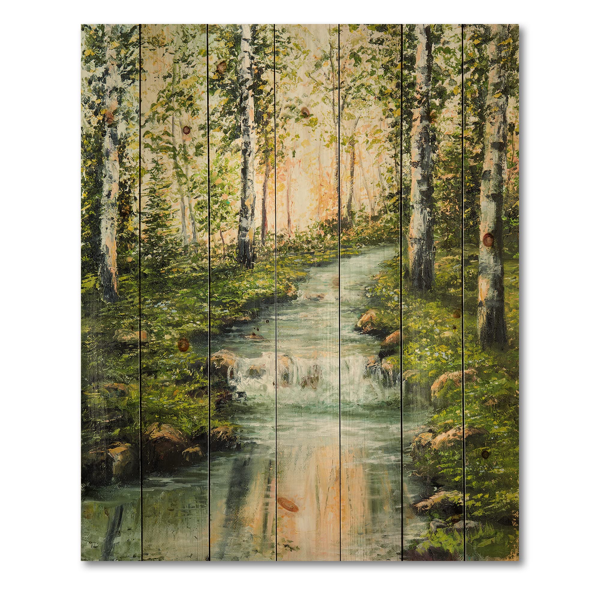 DesignQ River Through Birch Forest Lake House Wood Wall Decor - Green Wood Wall Art, Large Landscape Wood Panels Printed on Natural Pine - Perfect for Living Room, Bedroom & Office Decor