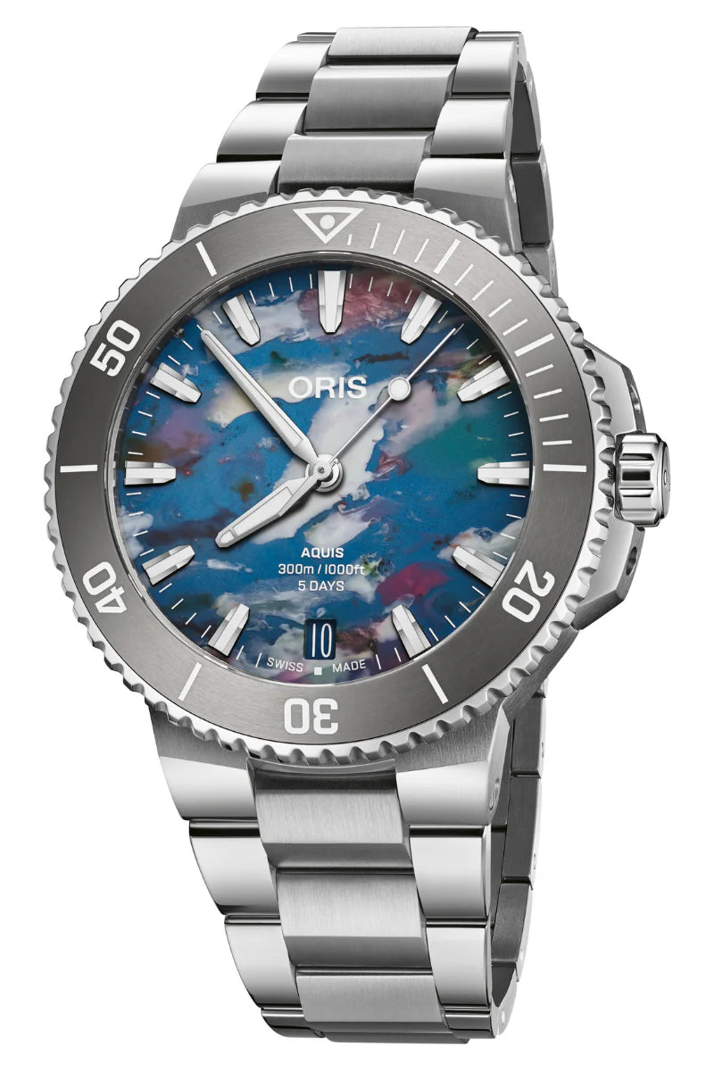 Oris Aquis Date Upcycle Caliber 400 43.5mm Multicolor Dial Men's Watch Ref. 01 400 7790 4150 - Eco-Friendly Luxury Timepiece for Diving, Business & Formal Occasions