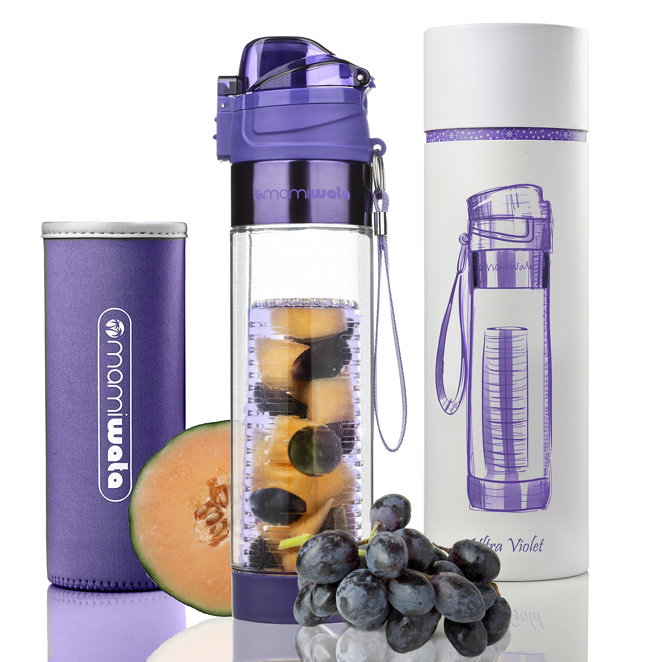 24 oz Fruit Infuser Water Bottle with Tritan Plastic - Stylish Design for Infused Water, Includes Free eBook & Insulating Sleeve - Perfect Gift for Fitness, Office & Home Use