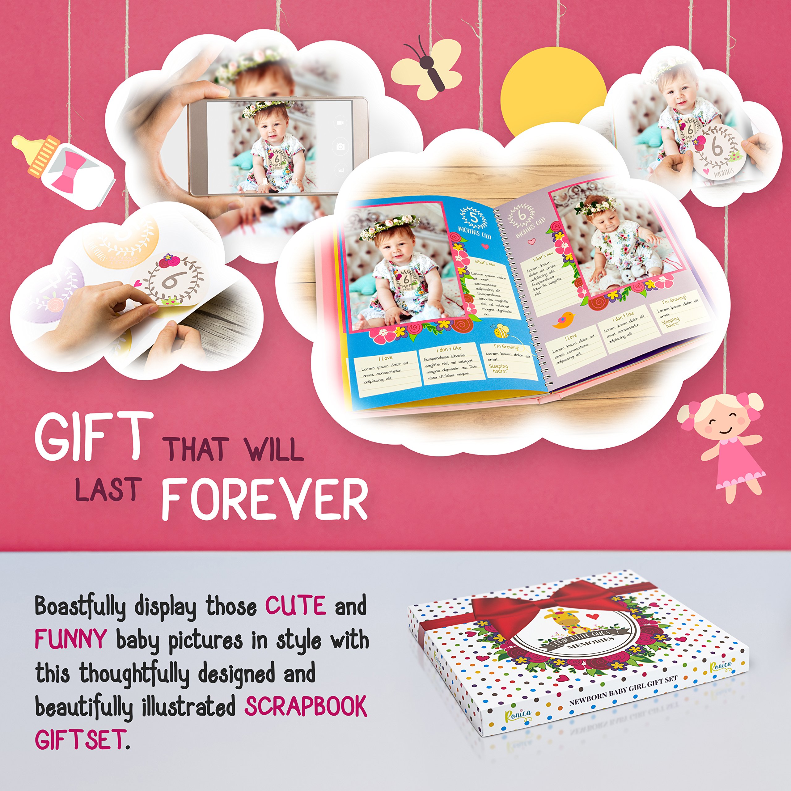 Ronica Baby Girl Gift Set with Memory Book & Monthly Stickers - Modern Photo Journal & Keepsake Album for First 5 Years - Perfect Baby Shower Gift for Mom, Dad & Grandparents - Capture Precious Milestones & Create Lasting Memories