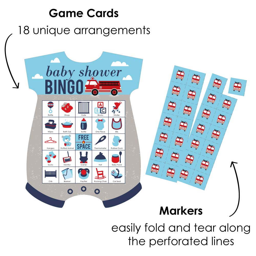 Big Dot of Happiness Fired Up Fire Truck Bingo Game Set - 18 Picture Bingo Cards with Markers for Firetruck-Themed Baby Showers & Kids Birthday Parties - Fun Firefighter Party Game for Children