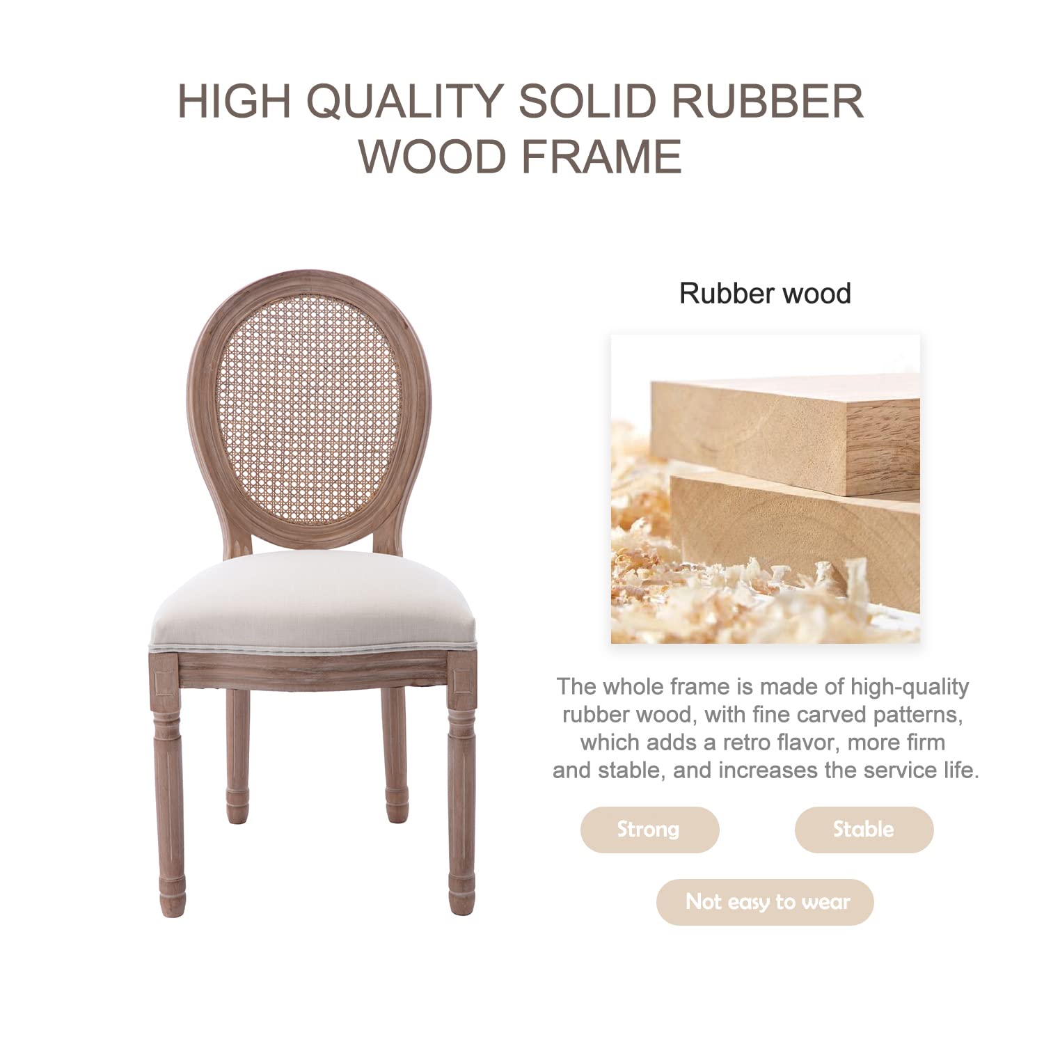 Virabit French Dining Chairs Set of 4 - Rattan Farmhouse Upholstered Chairs with Curved Backrest & Carved Solid Wood Frame - Elegant Seating for Living Room, Kitchen, Restaurant, Cafe, and Outdoor Dining Areas