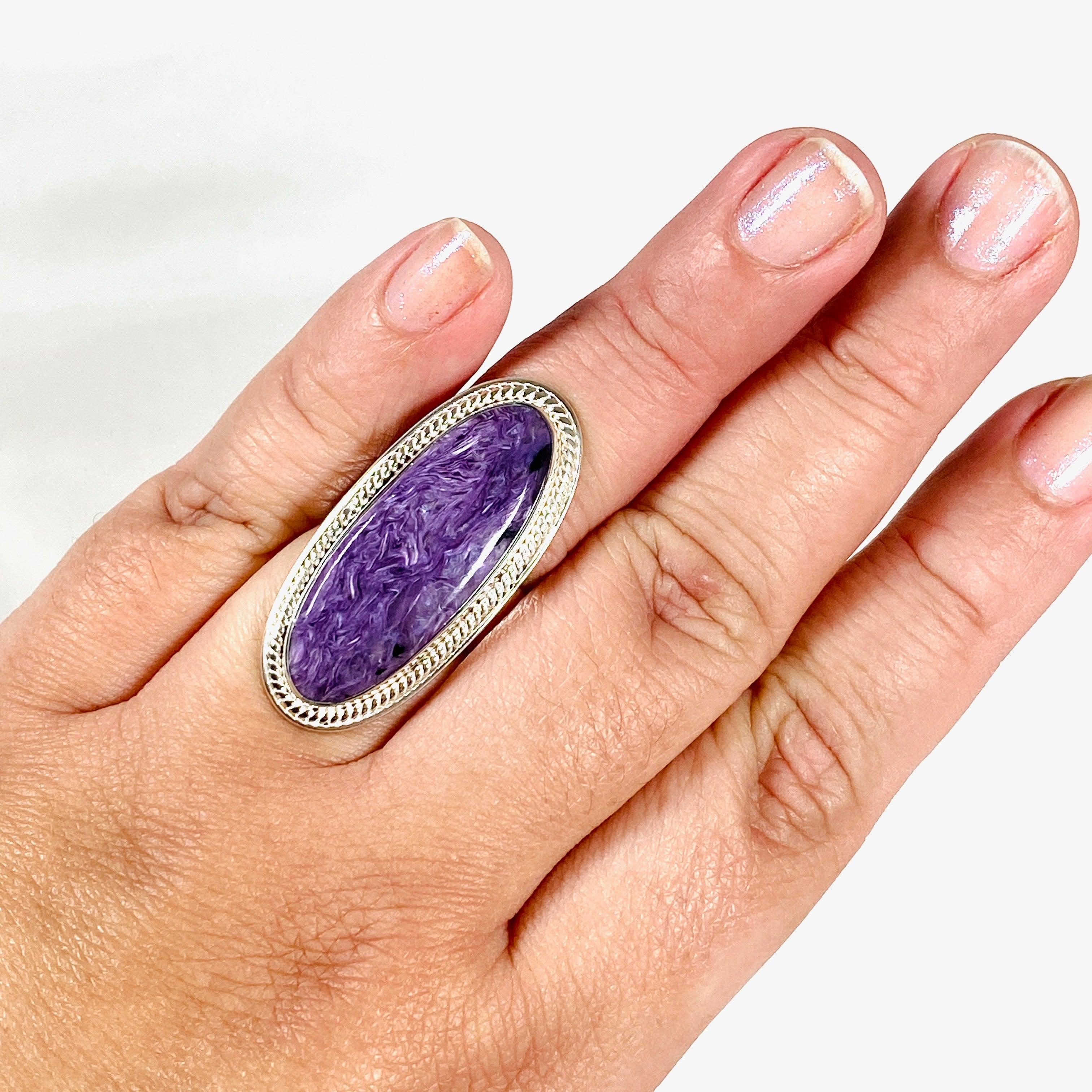 Charoite Oval Ring - Size 10 - KRGJ3049 - Elegant Purple Gemstone Jewelry for Women - Perfect for Weddings, Parties & Special Occasions