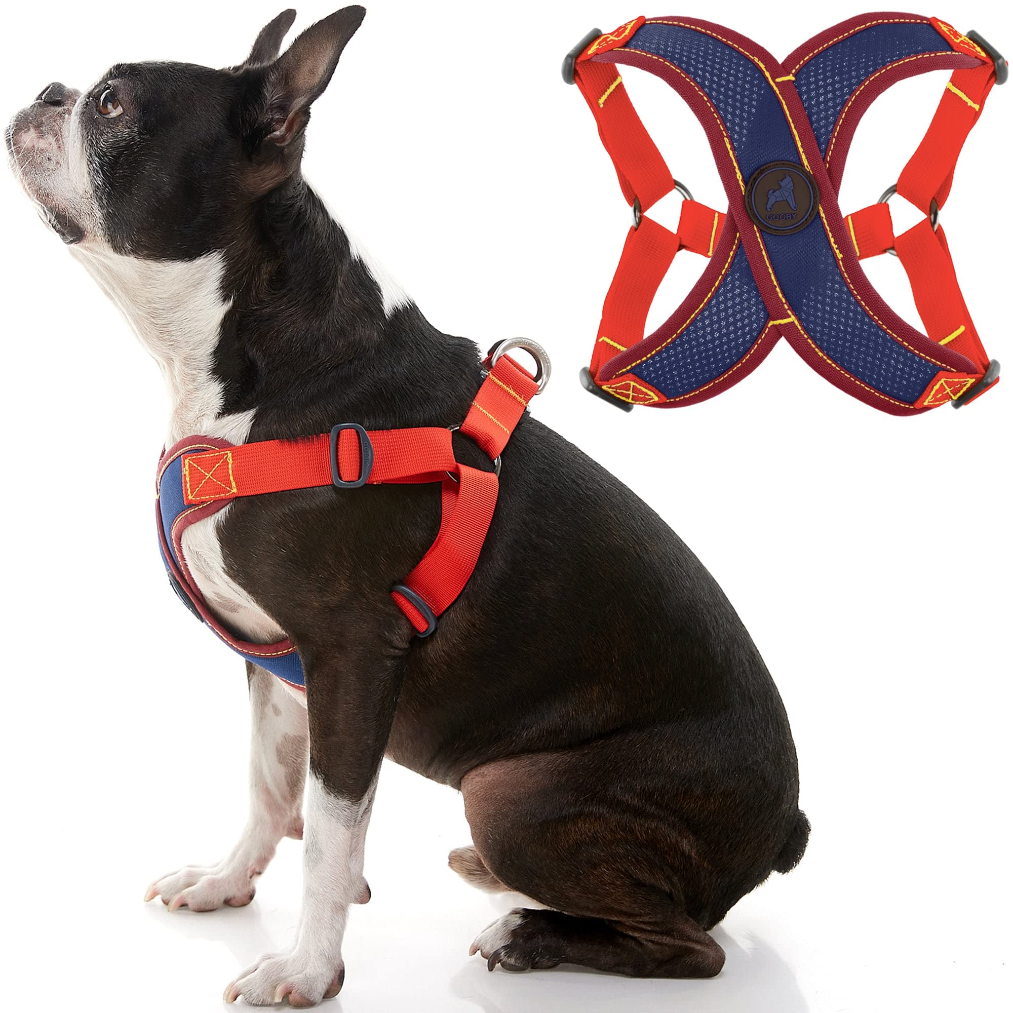 Gooby Comfort X Step-in Dog Harness V2 - No-Pull Pet Harness for Small & Medium Dogs, Adjustable Choke-Free X Frame Design, Navy/Red Color - Perfect for Walking, Hiking & Outdoor Adventures