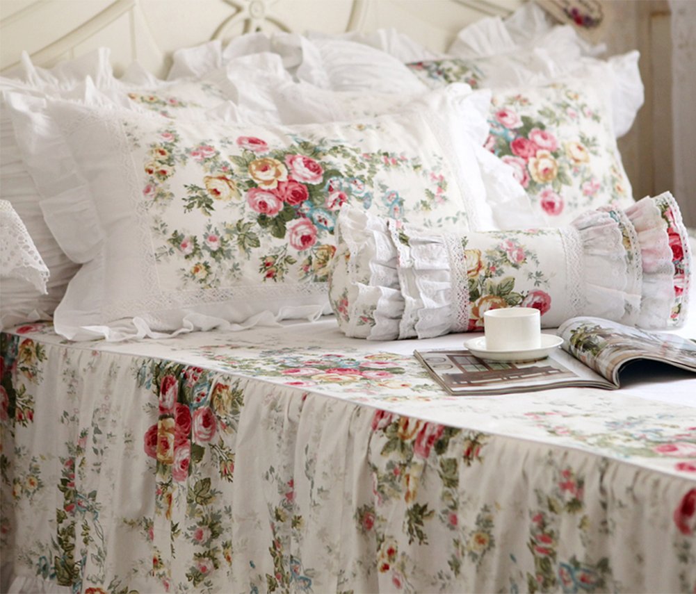 100% Cotton White Duvet Cover Set with Ruffle Frill & Flower Design - 4pc Queen Size Bedding for Master Bedroom & Guest Room Decor