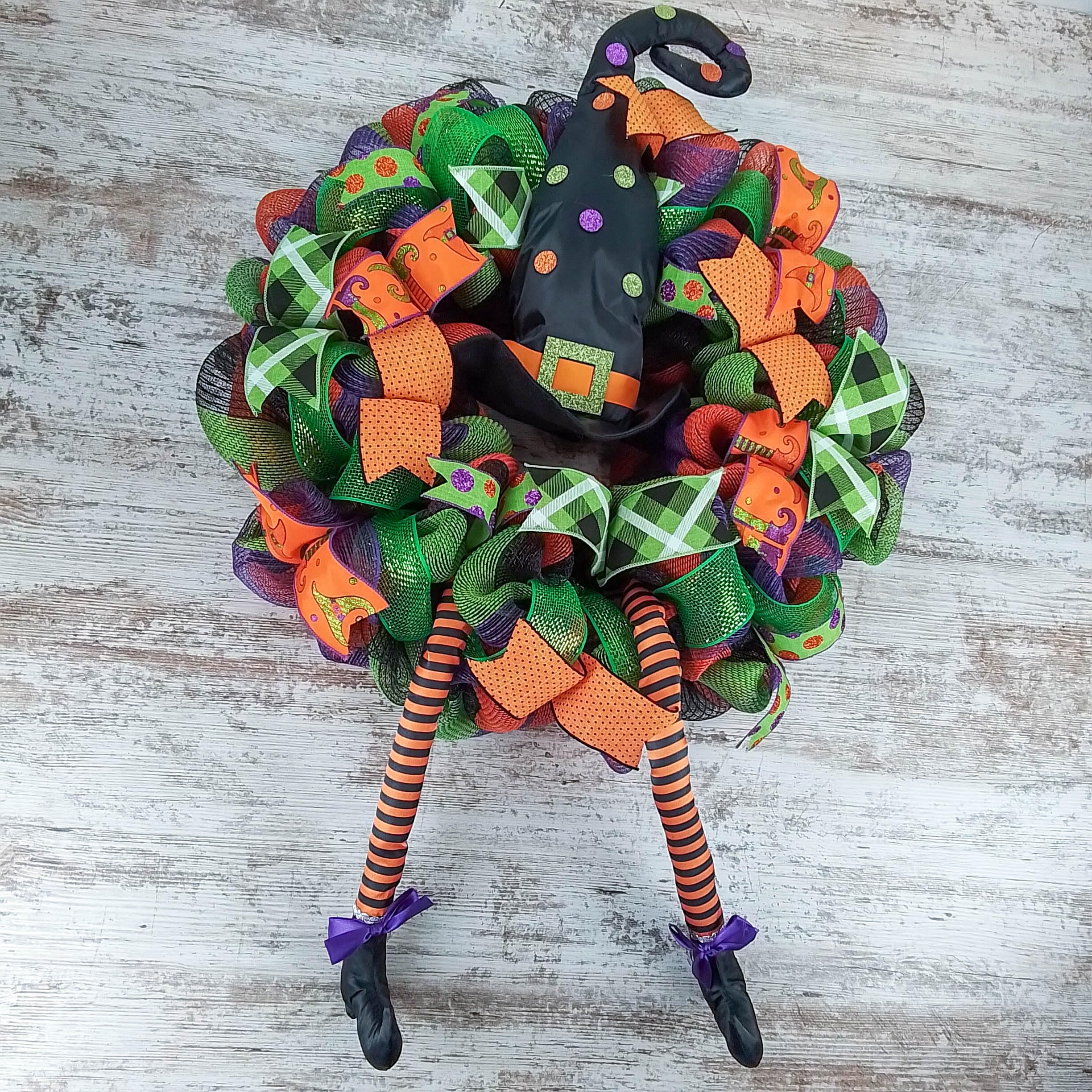 Halloween Witch Wreath with Hat & Legs - Lime Green, Black & Orange Mesh Welcome Door Decor for Spooky Front Porch | Perfect for Halloween Party Decorations & Haunted House Entrance