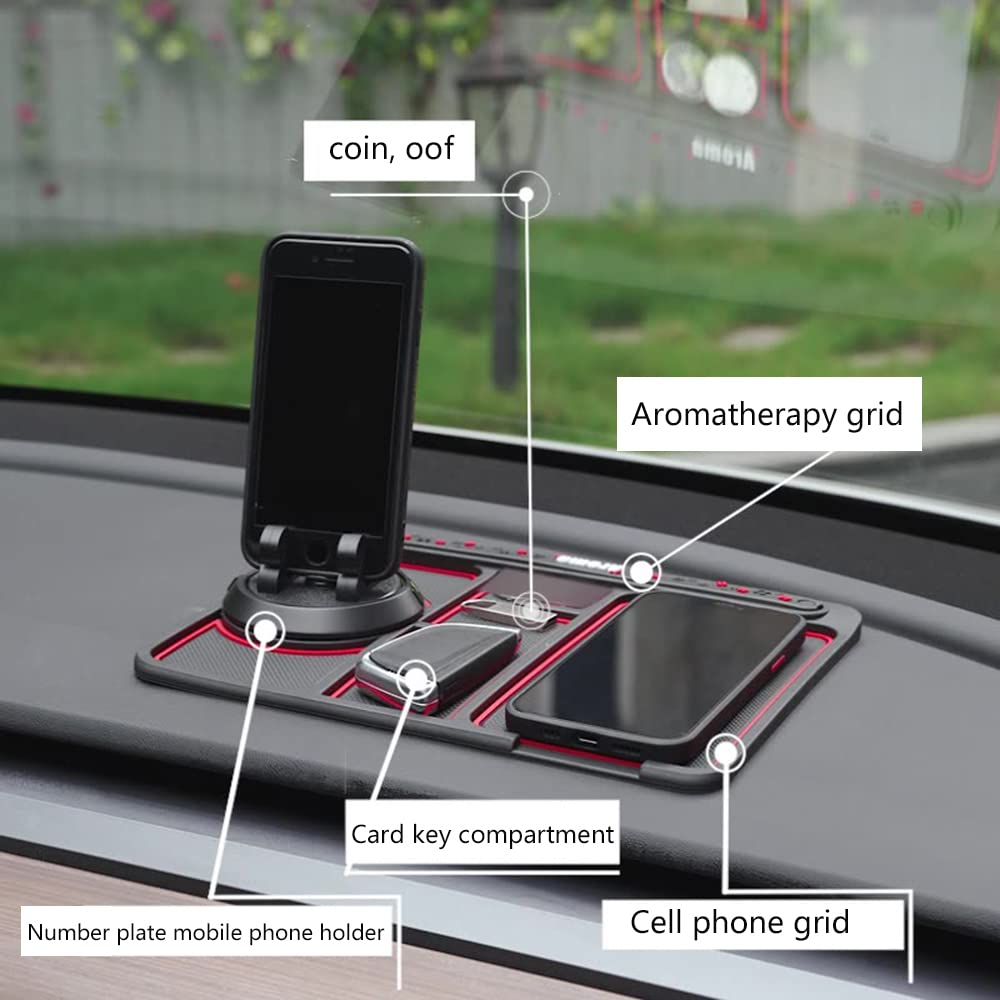 4-in-1 Non-Slip Car Phone Pad with Glow-in-the-Dark Dashboard Mat, Parking Card Holder & Aromatherapy - Universal 360° Rotating Anti-Shake Phone Holder (Red) - Perfect for Safe Driving, Night Visibility & Car Organization