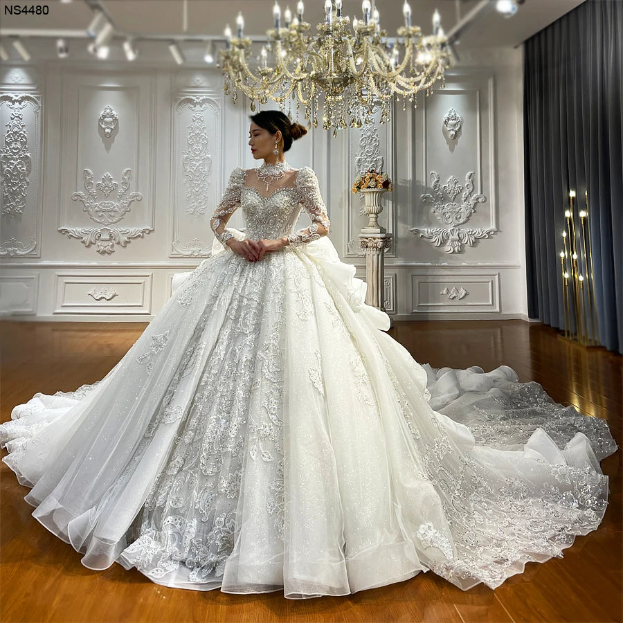 Elegant Lace Applique Crystal Beaded Royal Train Wedding Gown - Perfect for Bridal Ceremonies, Formal Balls & Luxury Events