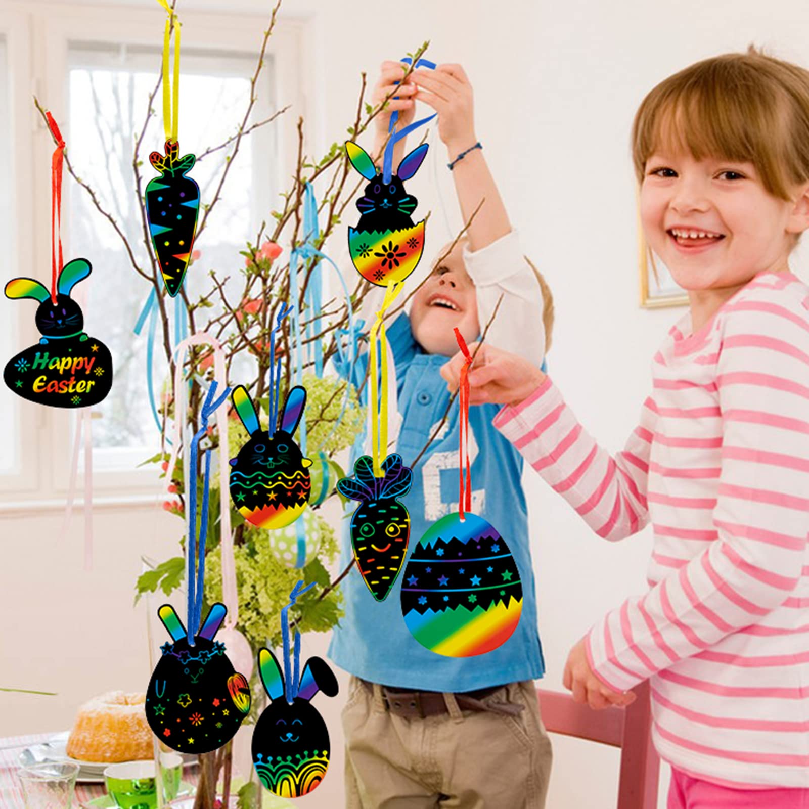 48 Pcs Easter Scratch Crafts for Kids - Bunny Rabbit Carrot Easter Egg Rainbow Scratch Paper Ornaments with Wooden Sticks & Ribbons | Easter Party Favors, Classroom Activities, DIY Art Projects for Children