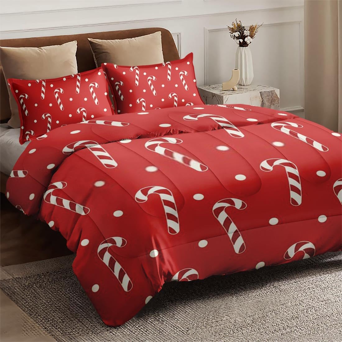 Christmas Red Cream Polka Dot Comforter Set Queen Size - Soft Xmas Candy Bedding Set for Kids & Adults with 2 Pillowcases - Perfect for Holiday Bedroom Decor & Cozy Winter Nights