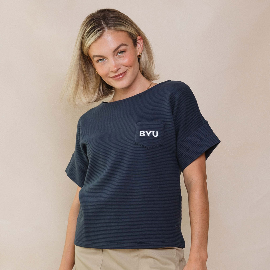 BYU Atlas Ribbed Blouse for Women - Navy Blue Stretch Knit Top - Perfect for Office Wear, Casual Outfits & Date Nights