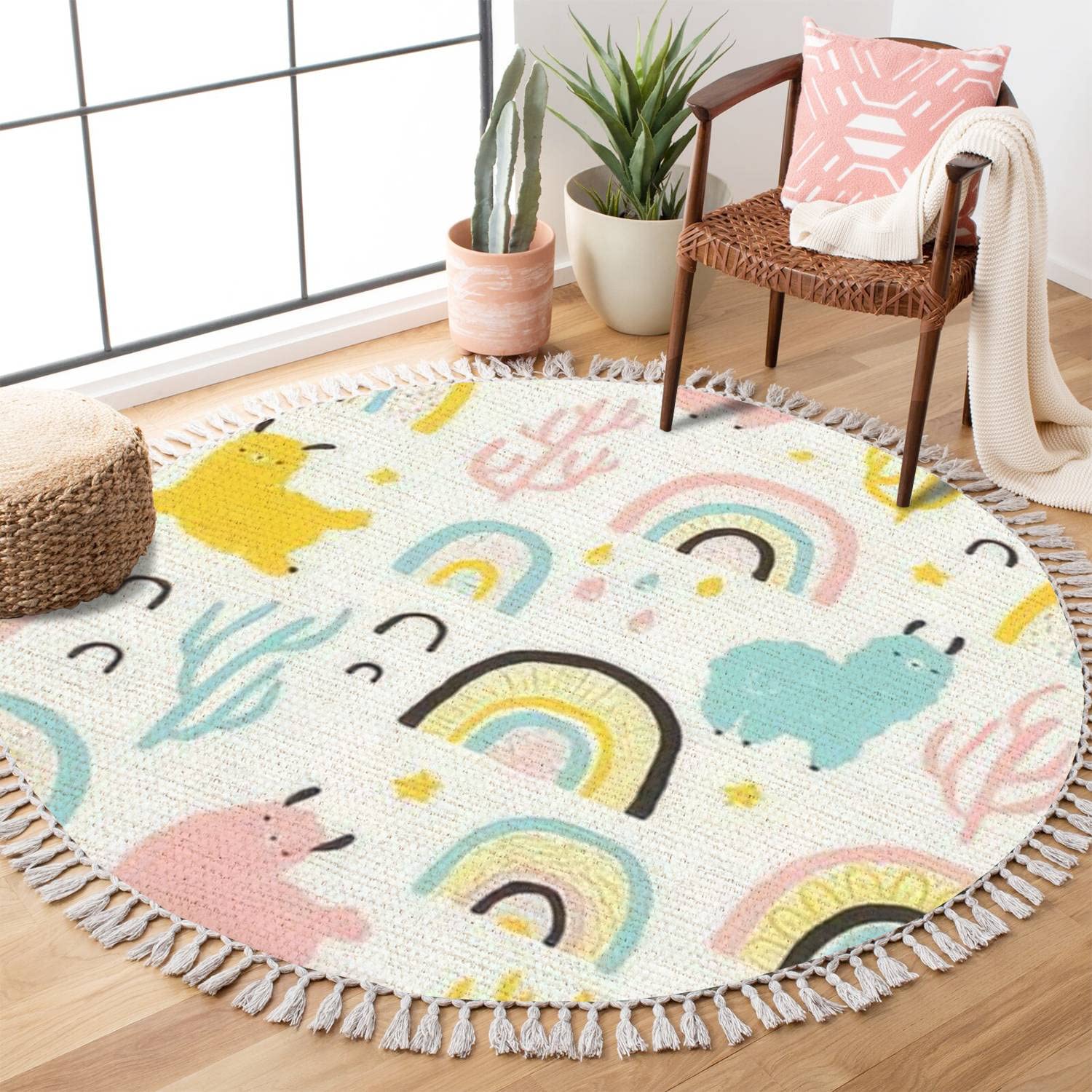 Boho Round Rainbow Cactus Cartoon Area Rug - Colorful Linen Carpet for Living Room, Patio, Hallway - Minimalist Home Decor & Outdoor Floor Mat - Perfect for Bohemian, Kids Room, and Dorm Decor